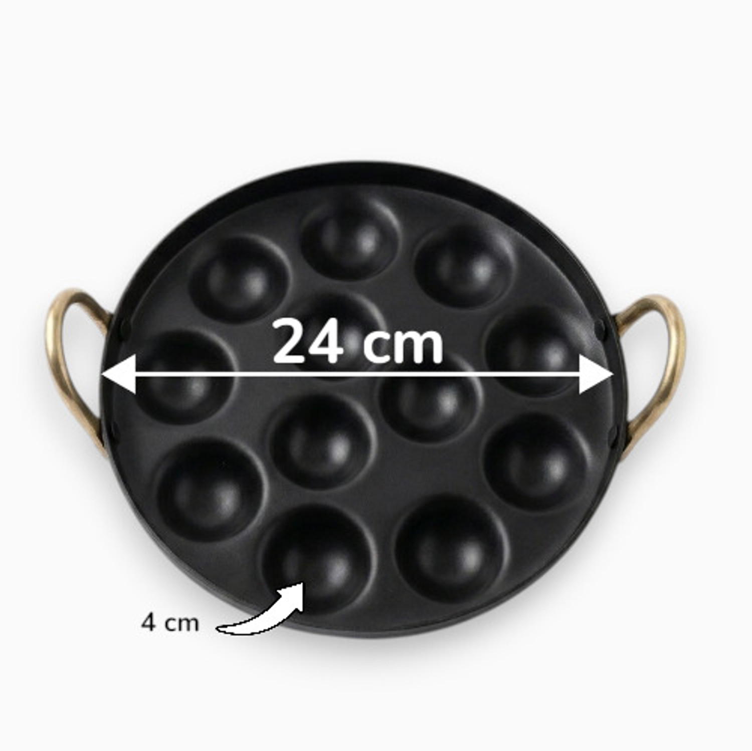 Image of MATHI TRADERS Iron Appam Pan with Brass Handles, 12 Cavity Chetty Pan 11 cm diameter with Lid 0.5 L capacity (Iron)