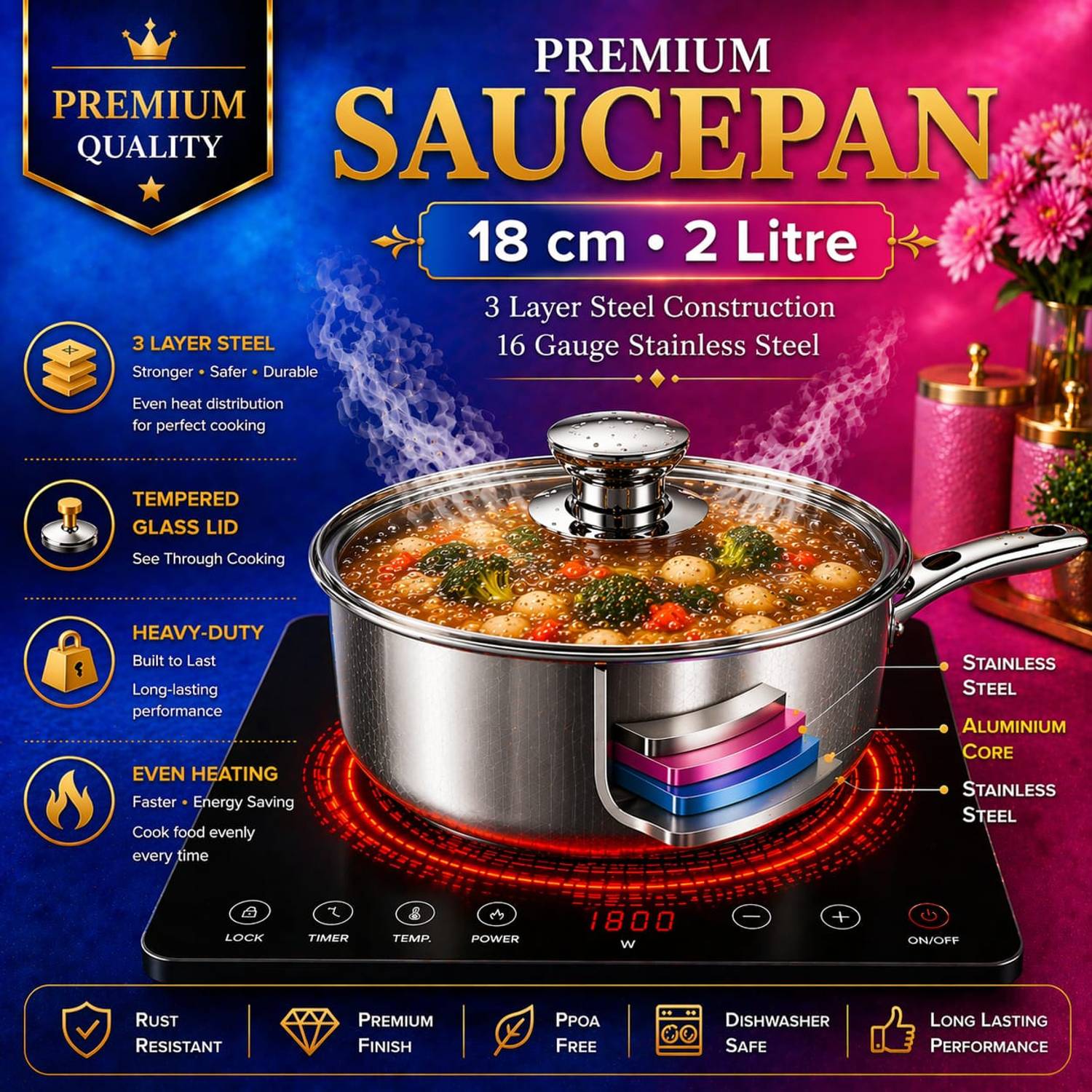DAIZEL Heavy Duty Stainless Steel Saucepan 18 cm 1 L with Glass L