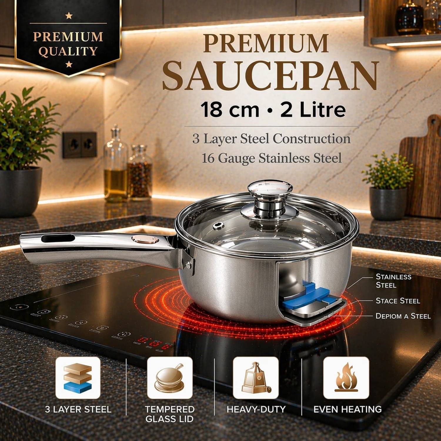 Dotline Premium Stainless Steel Saucepan with Tempered Glass Lid
