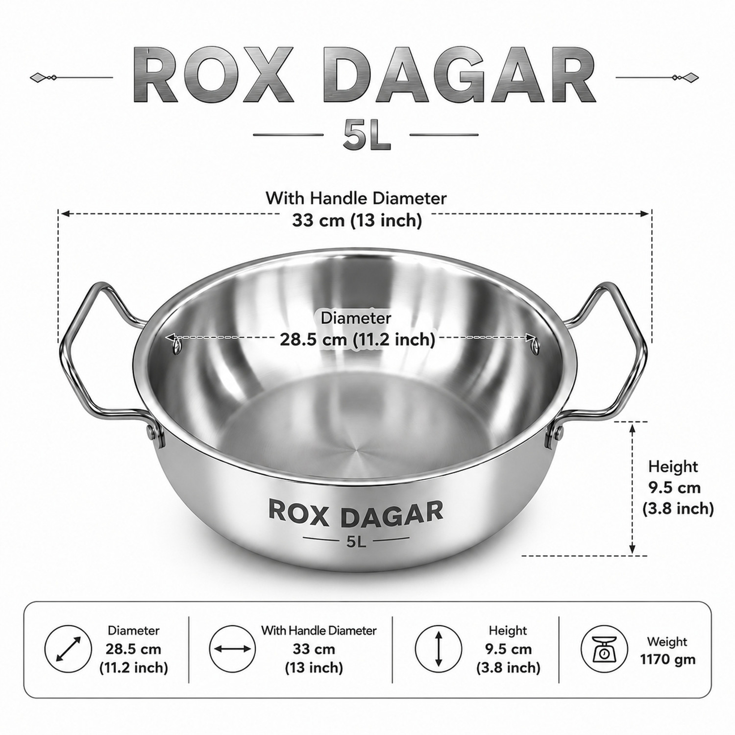 Image of ROX DAGAR Kadhai 5L Kadhai 28.5 cm diameter 5 L capacity