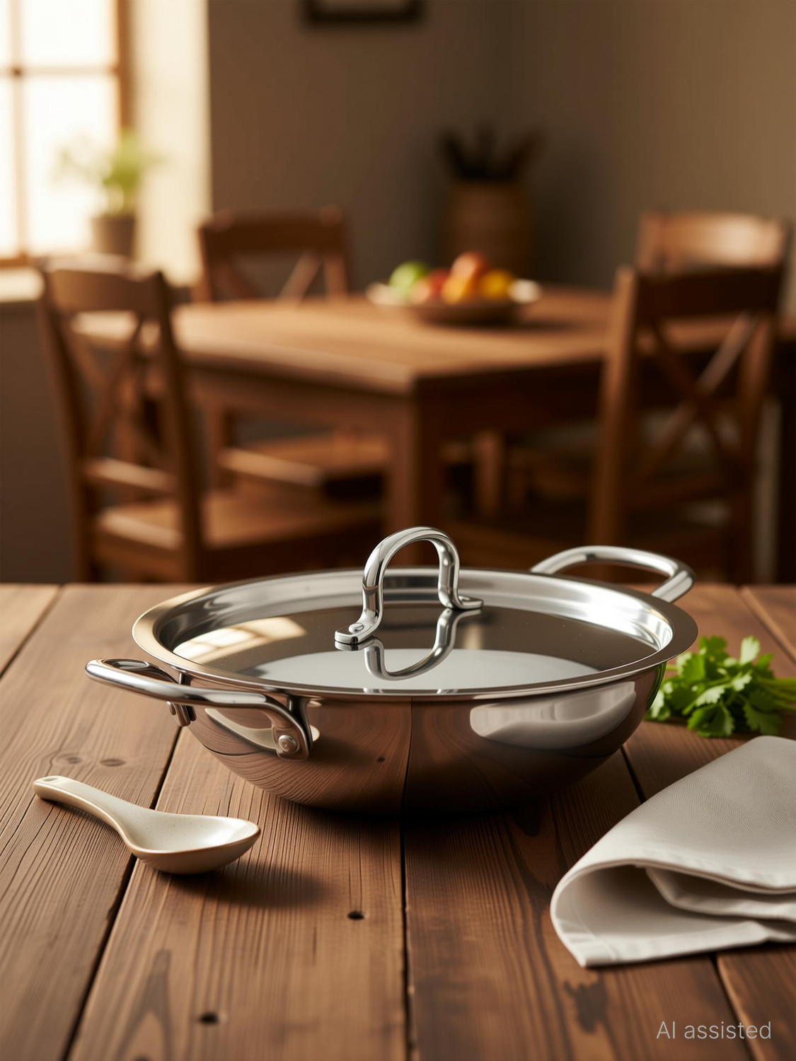 MITHALI Triply Stainless Steel Kadai with Lid Kadhai 32 cm diameter with Lid 6.8 L capacity
