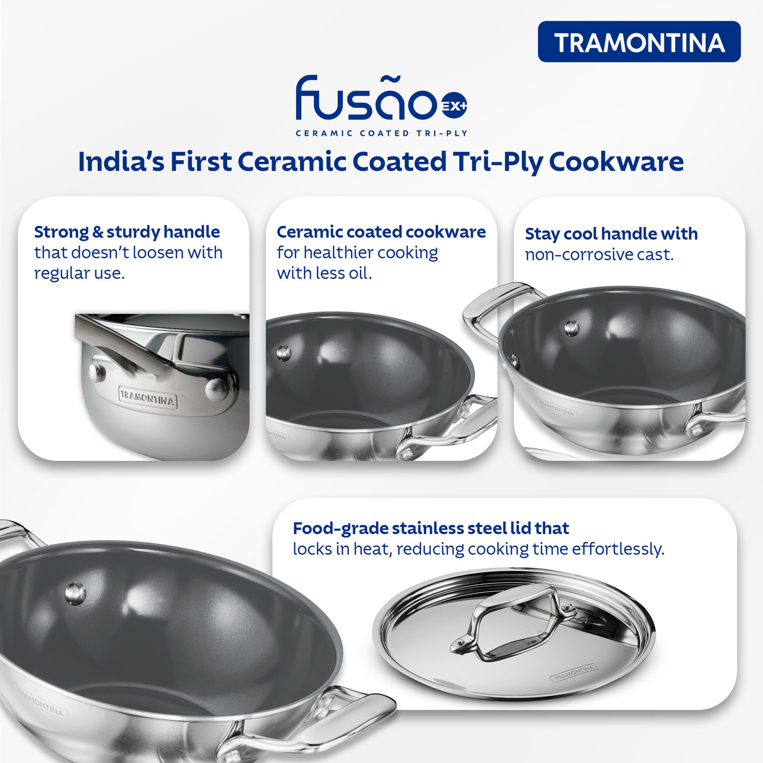 Image of Tramontina Fusao EX+ Healthy Ceramic|Curry| Deep Fry|Stir Fry Kadhai 26 cm diameter with Lid 3.7 L capacity