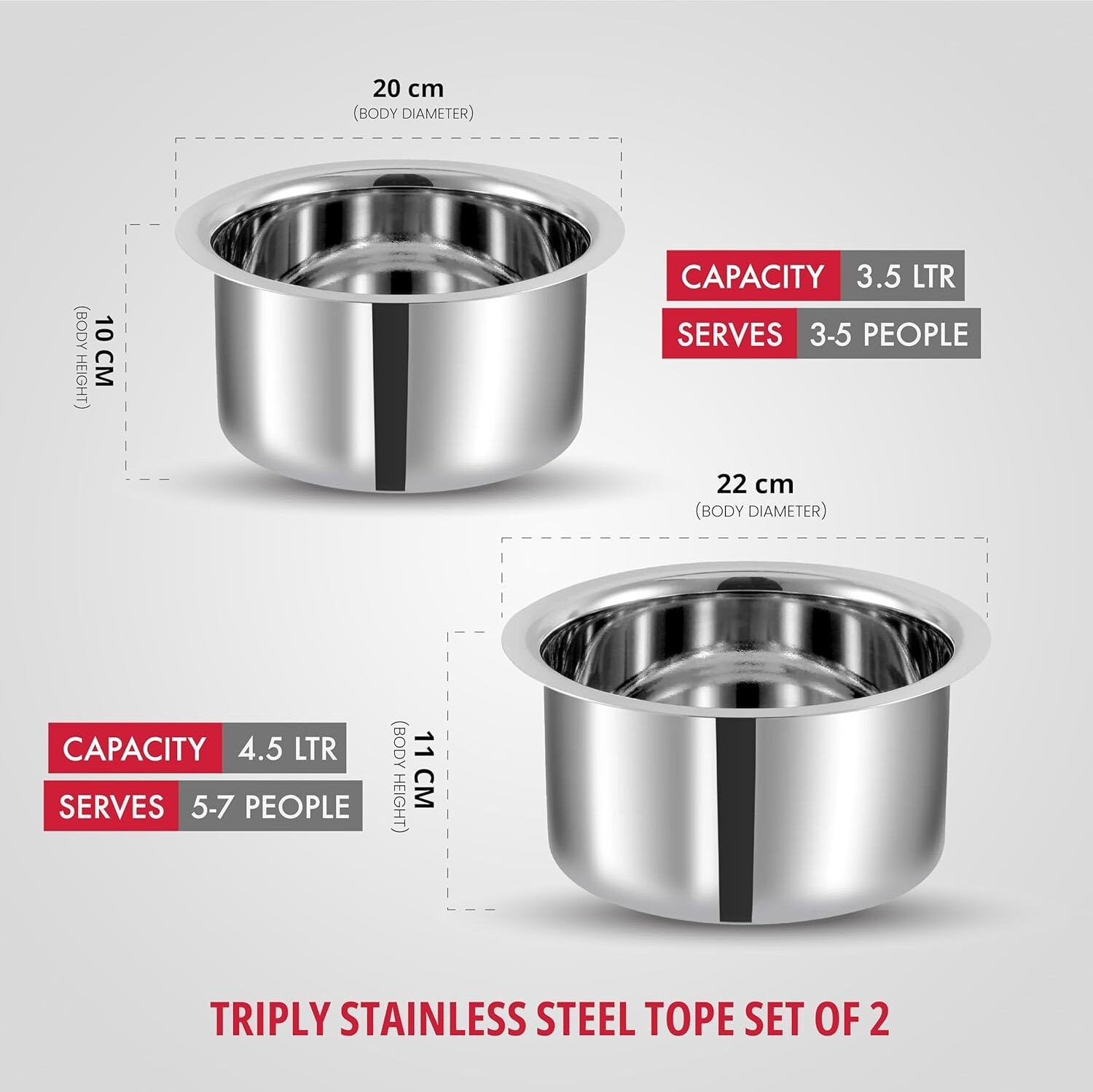 Image of Storehaus Storehaus Triply SAS (Steel-Aluminium-Steel - 3 Layers) Tope Set of 2 Pcs 4 L capacity 22 cm diameter