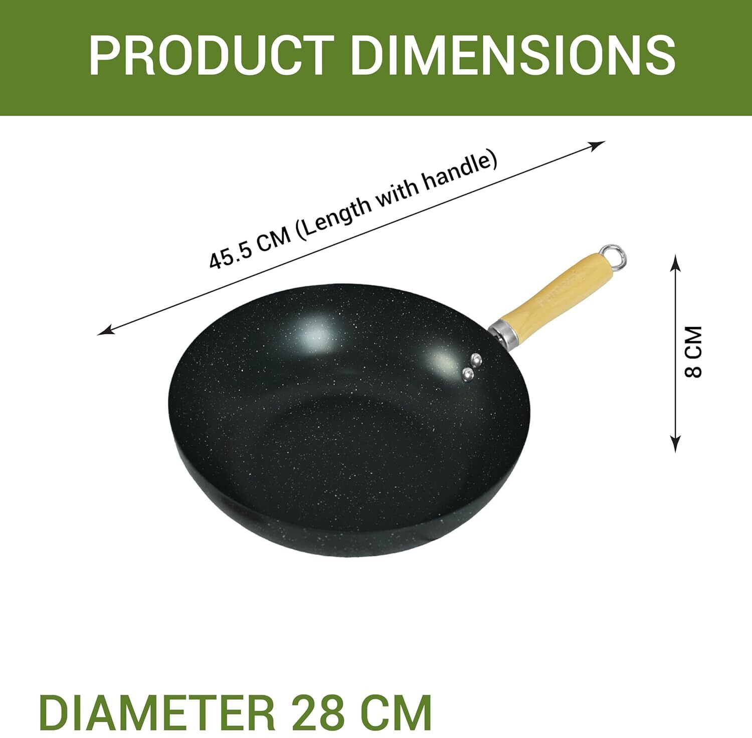 Image of Femora Iron Wok for Cooking & Deep Frying with Strong Wooden Handle Wok 27 L capacity 5 cm diameter