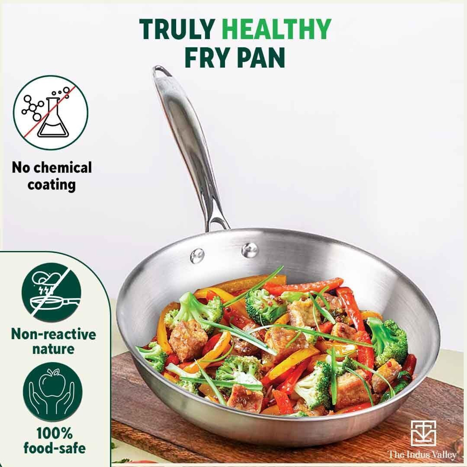 Image of The Indus Valley Triply Stainless Steel Fry Pan with Strong Handle - 8.7 inch Fry Pan 22 cm diameter 1.5 L capacity