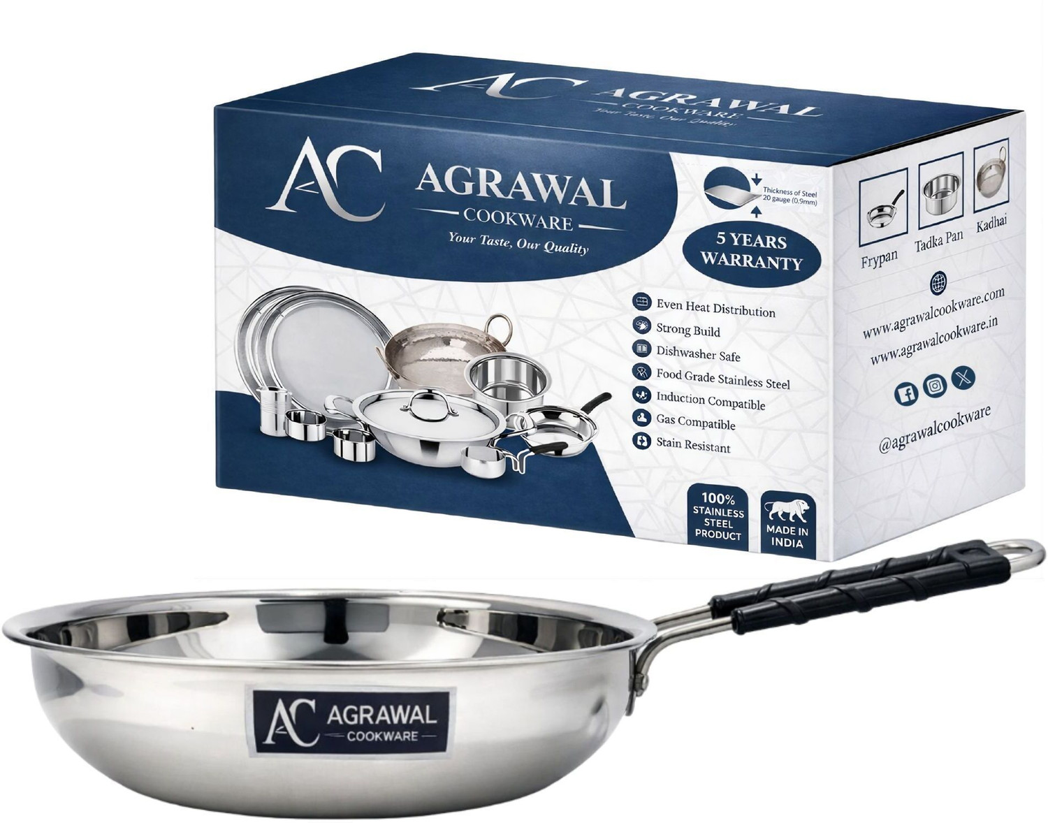 Image of AGRAWAL COOKWARE Heavy Gauge Premium Stainless Steel Frying Pan, 1 Litres, Mirror Finish Fry Pan 20 cm diameter 1 L capacity
