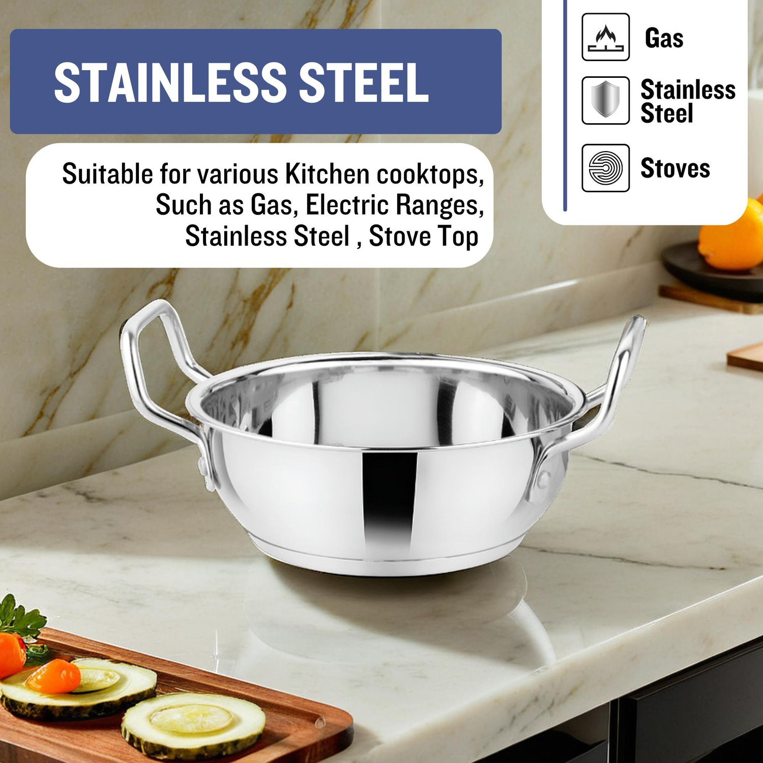 Image of PRABHA Kadai for Cooking | Steel Kadhai | Heavy Induction Base Stainless Steel Kadhai Kadhai 18.5 cm diameter 1.5 L capacity