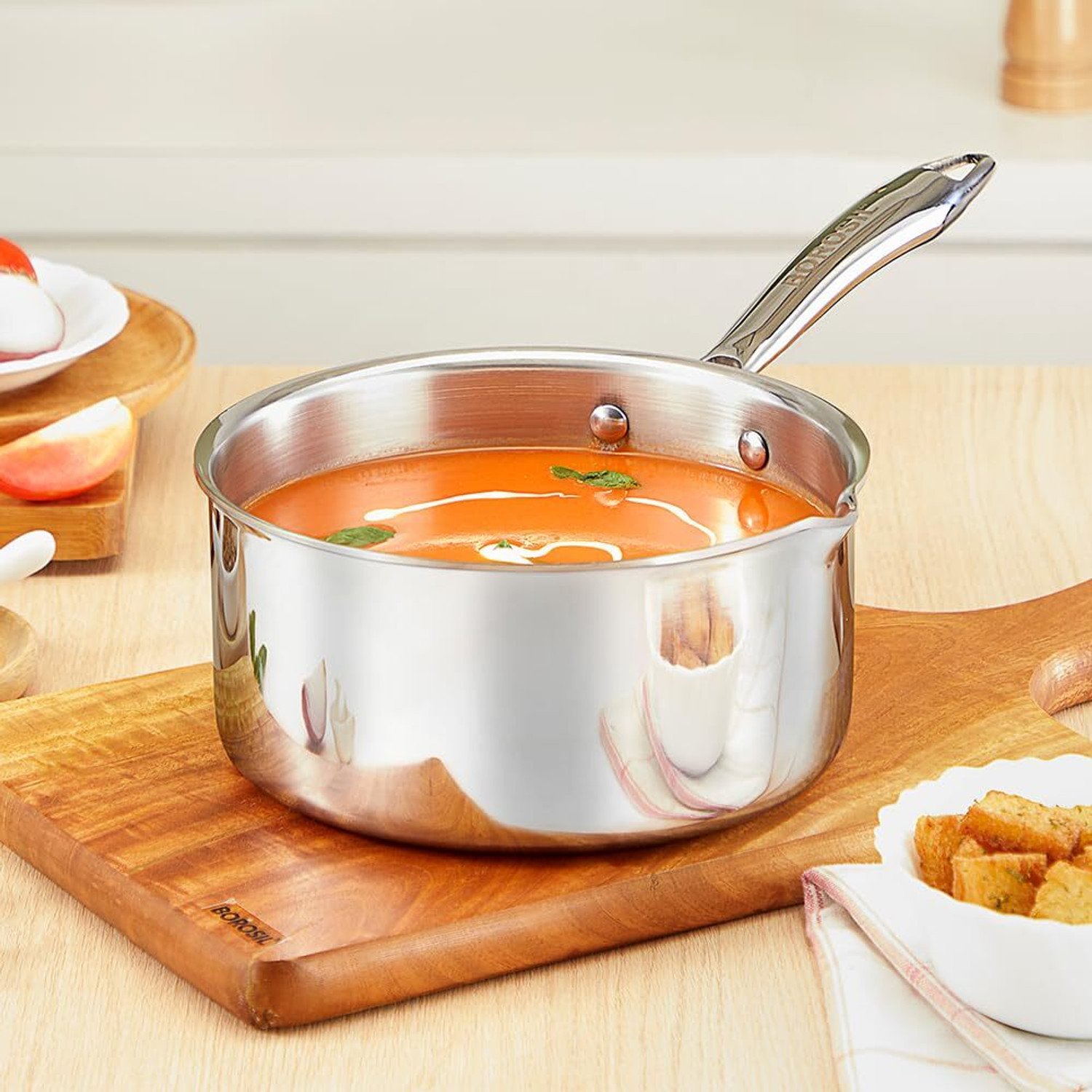 Image of BOROSIL Triply Steel 18 Cm Sauce Pan with Spout, SS304 Food Grade Steel Sauce Pan 18 cm diameter 2.1 L capacity