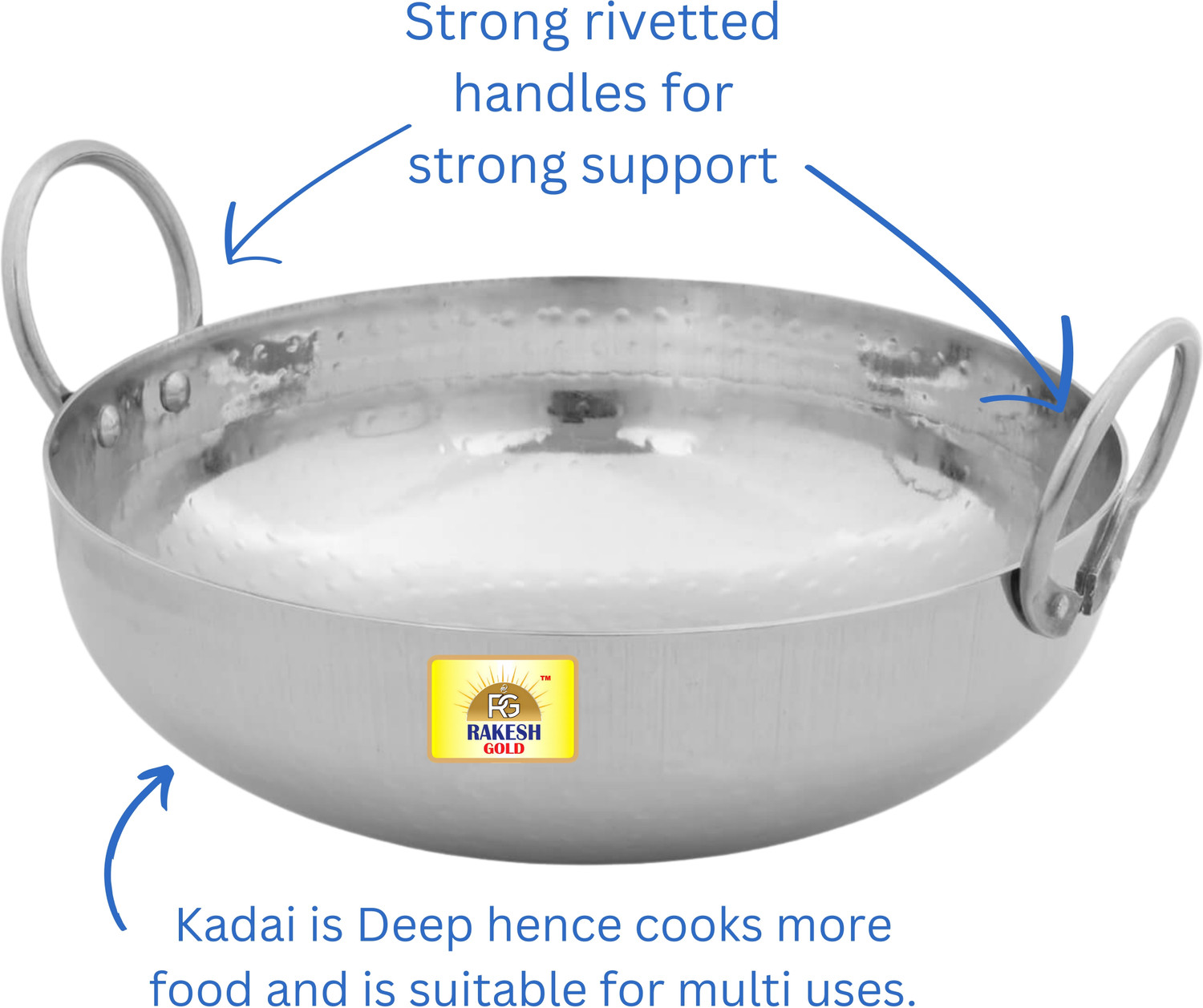Image of Rakesh Gold Stainless steel heavy bottom for kadhai Kitchen | Hammered steel kadhai cooking Kadhai 31 cm diameter 5 L capacity