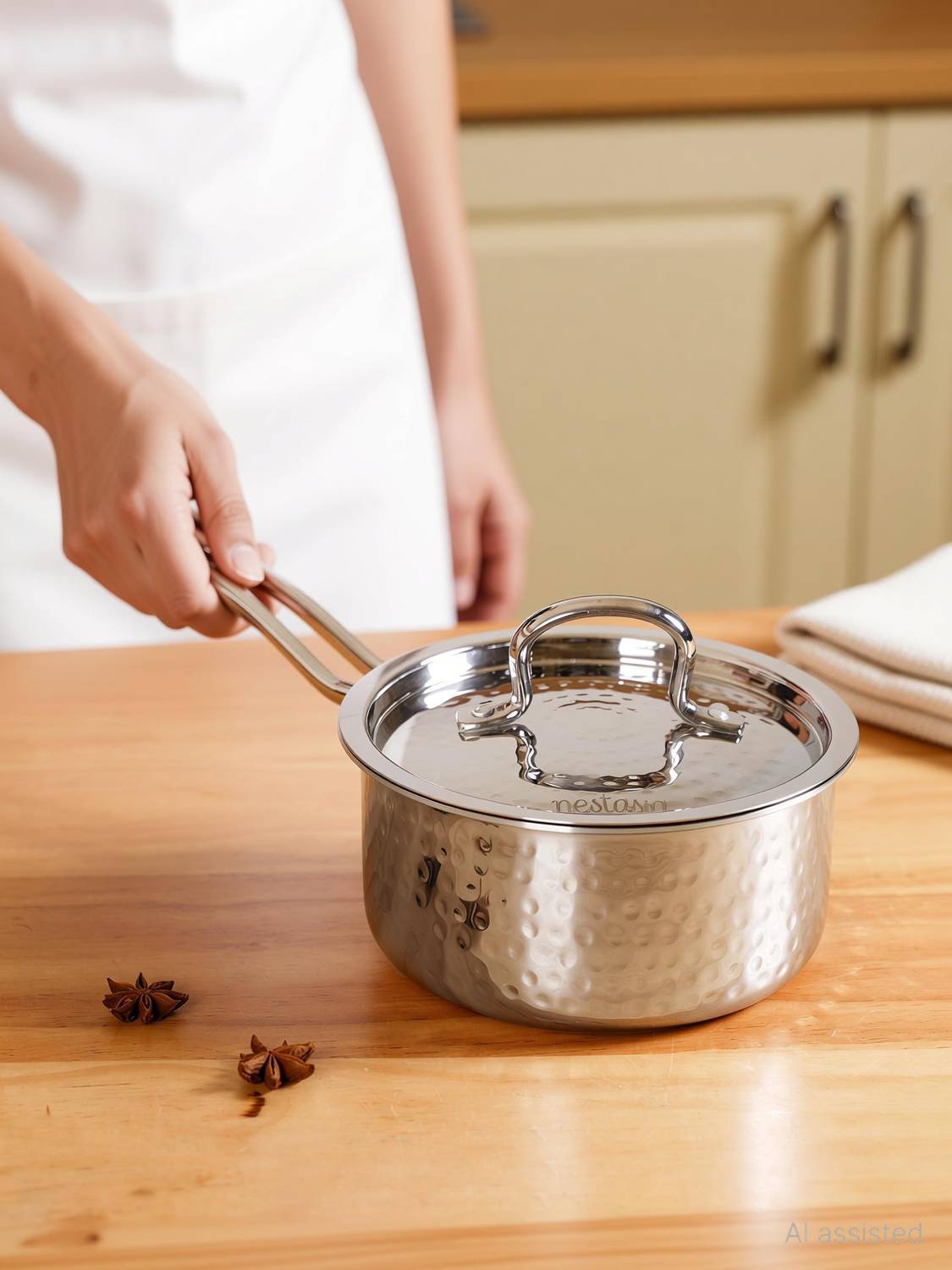 Nestasia Textured Stainless Steel Deep Saucepan Tri Ply Sauce Pan