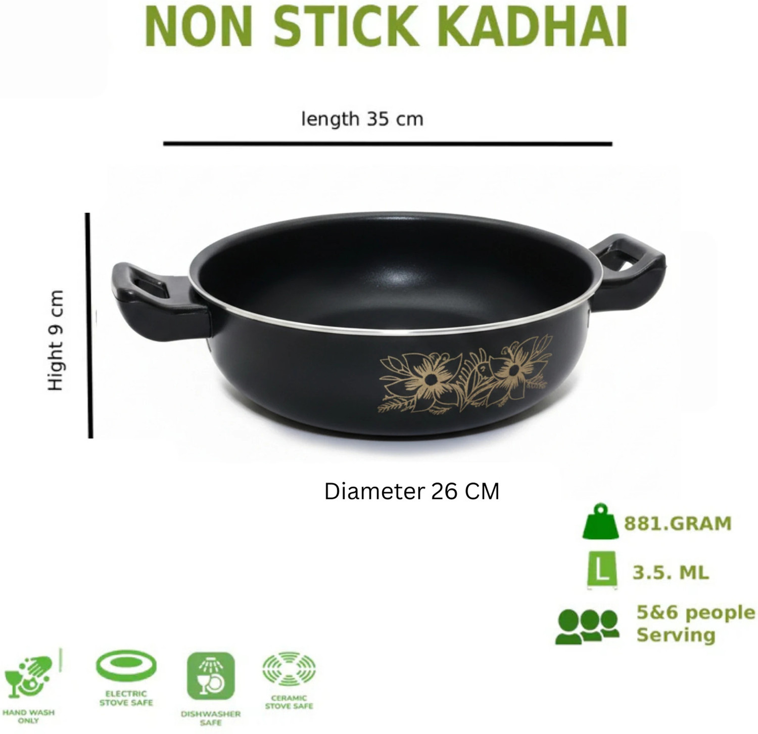 Image of My Store Non Stick Kadhai [3.5 L] -6- Induction Bottom Non Stick Kadhai 27 cm diameter 3.5 L capacity