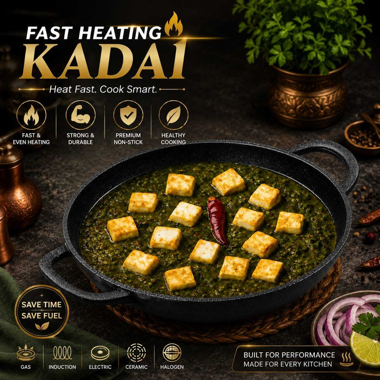 Image of forsel Premium Quality Cast Iron Kadai for Multipurpose Kitchen Cooking Kadhai 25 cm diameter 2.4 L capacity