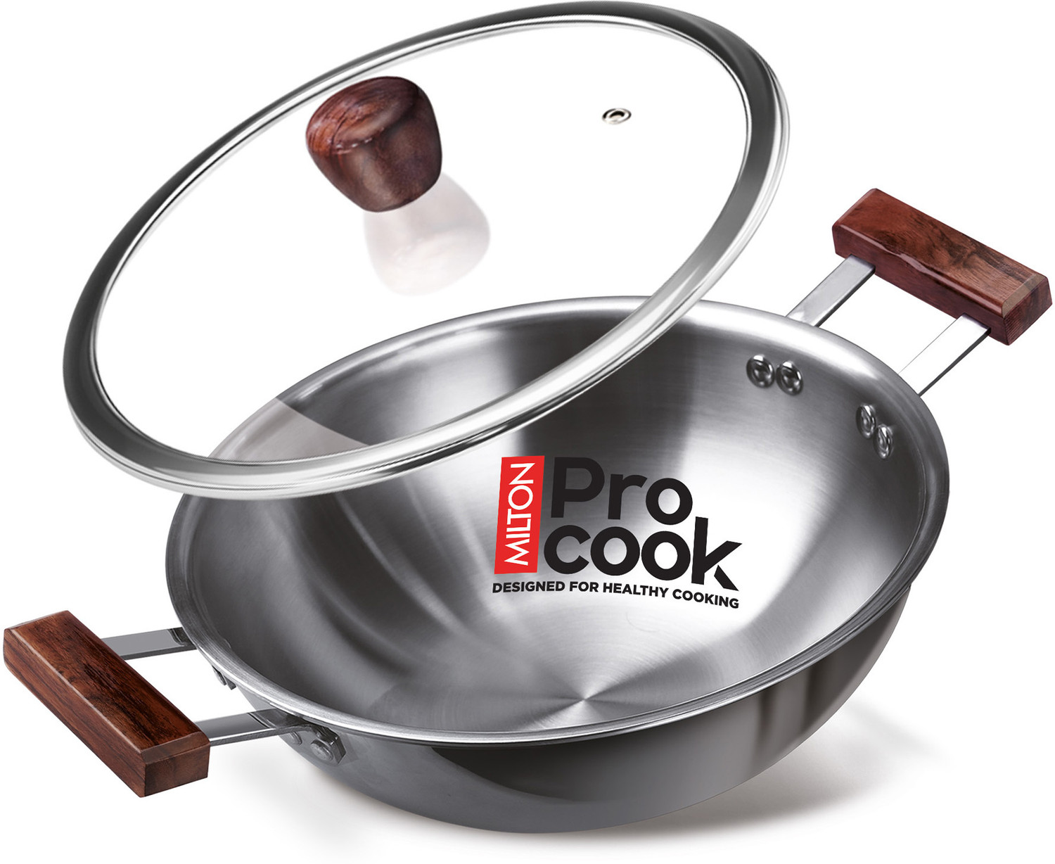 Image of MILTON Pro cook Triply Hexa Tech Induction with Glass Lid & Wooden Handle,20 cm Kadhai 20 cm diameter with Lid 1.5 L capacity