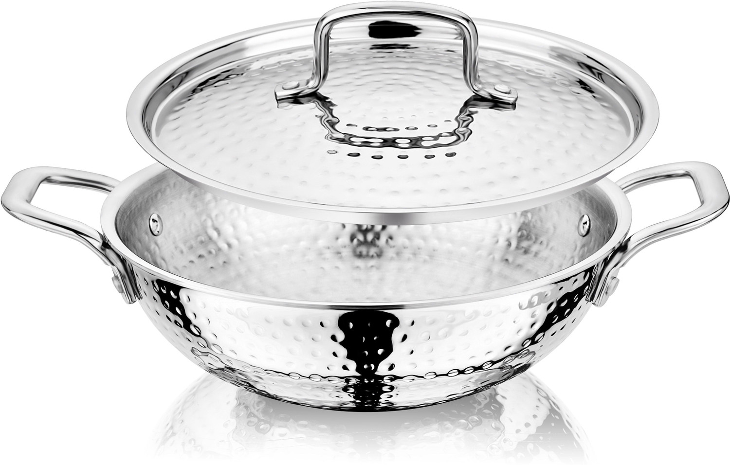 Image of NIRLON Hammered Triply Stainless Steel Deep Kadai /Wok /Kadhai with Stainless Steel Lid Kadhai 26 cm diameter with Lid 3.5 L capacity