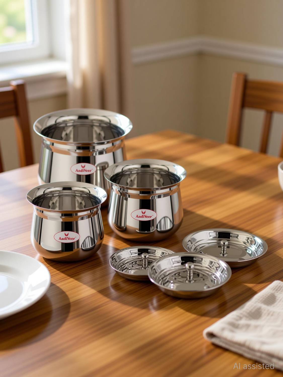 AadiVeer 20G Stainless Steel Handi | Milk Pot | Steel Pot | Steel Handi With Lid Pot 11 cm, 12 cm, 13 cm diameter 0.4 L, 0.7 L, 1 L capacity with Lid
