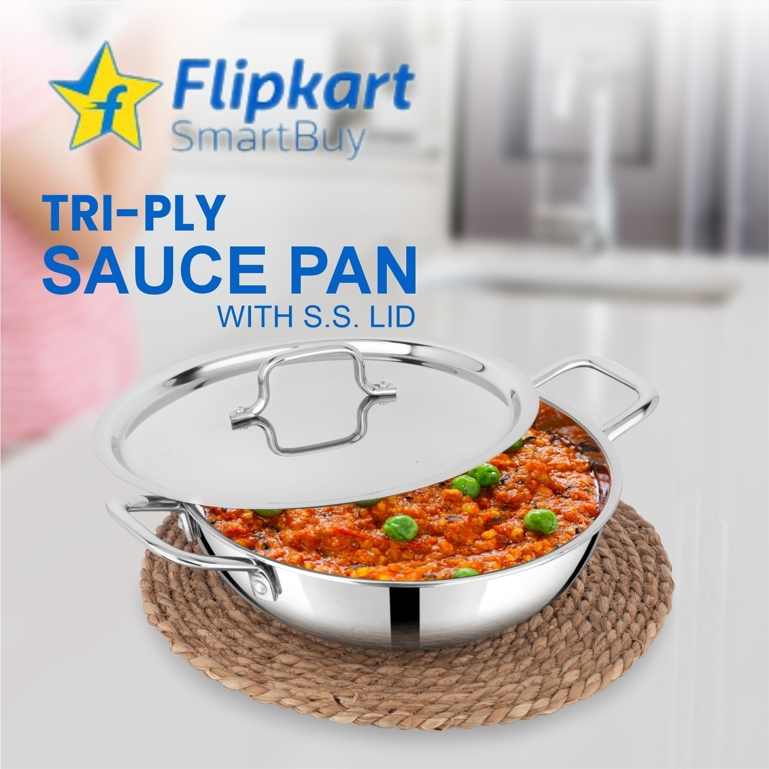 Image of Flipkart SmartBuy Triply Stainless Steel Extra Deep Kadai with Lid & Wide Grip Handles Kadhai 24 cm diameter with Lid 3.3 L capacity