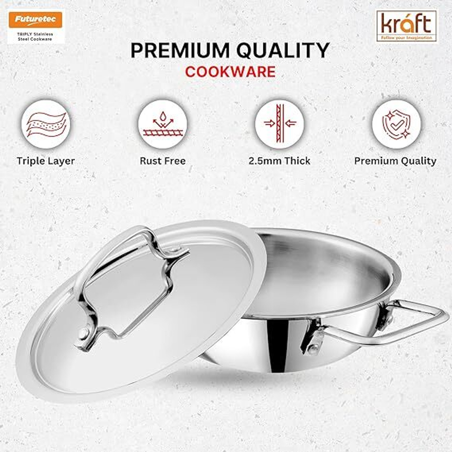 Image of Kraft Stainless Steel Futuretec Triply Stainless Steel Extra Deep Kadhai 26 cm diameter with Lid 4.1 L capacity