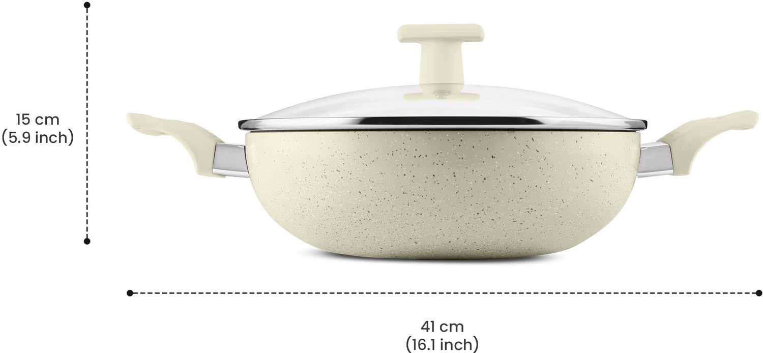 Image of MILTON Pro cook 26cm Ceramic Non Stick Kadhai With Lid Induction & Gas Friendly, Beige Kadhai 26 cm diameter with Lid 3.6 L capacity