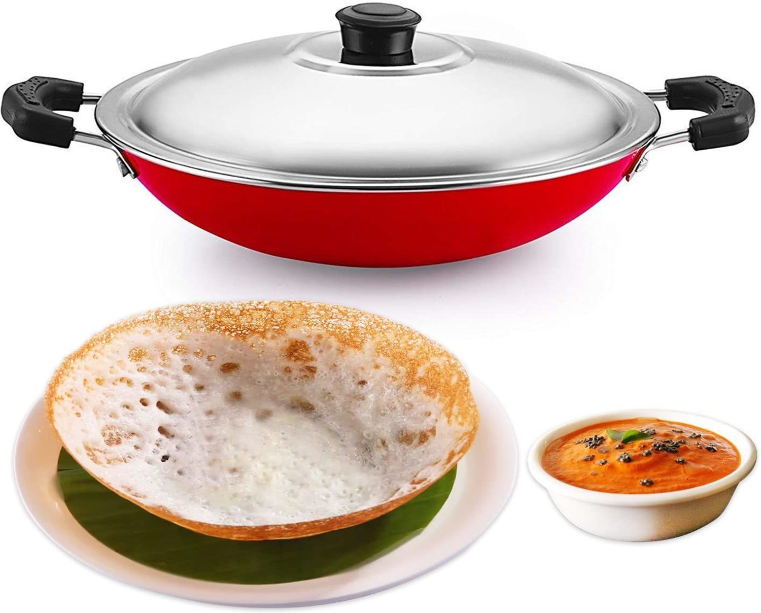 Image of Daraz Aluminium Appachatti with Stainless Steel lid, 2.6mm, Red, 23cm, Gas Compatible Paniarakkal Pan 23 cm diameter with Lid 1.5 L capacity