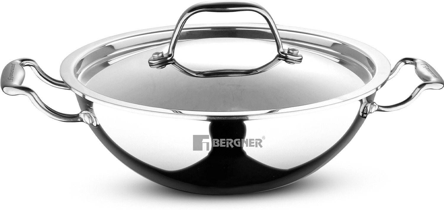 Image of BERGNER Argent Triply Stainless Steel 34cm (7.8L) Large Kadai with Stainless Steel Lid, Kadhai 34 cm diameter with Lid 7.8 L capacity