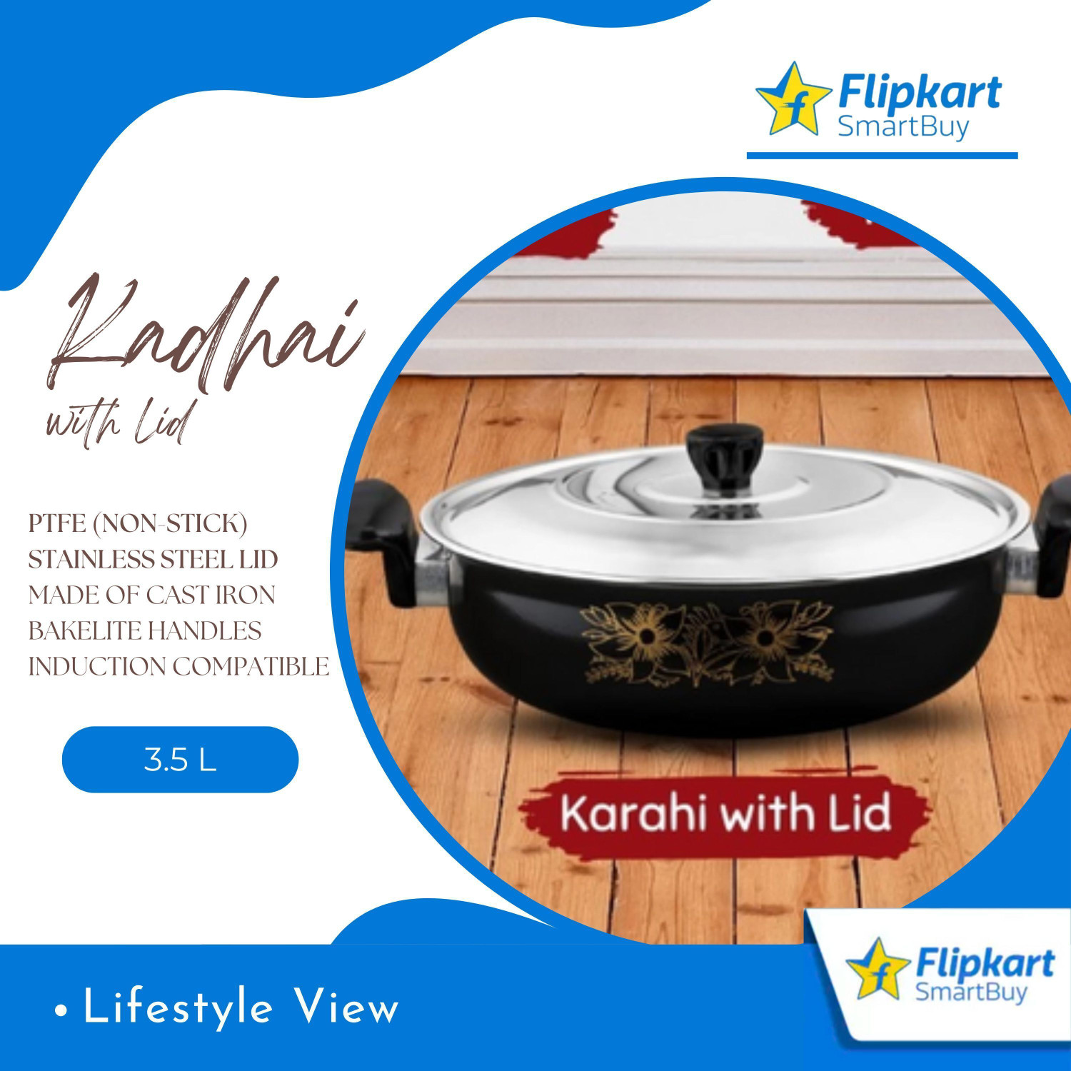 Image of Flipkart SmartBuy Premium Nonstick Kadhai - Induction & Gas Ready Large Cooking & Serving Wok Kadhai 27 cm diameter with Lid 3.5 L capacity