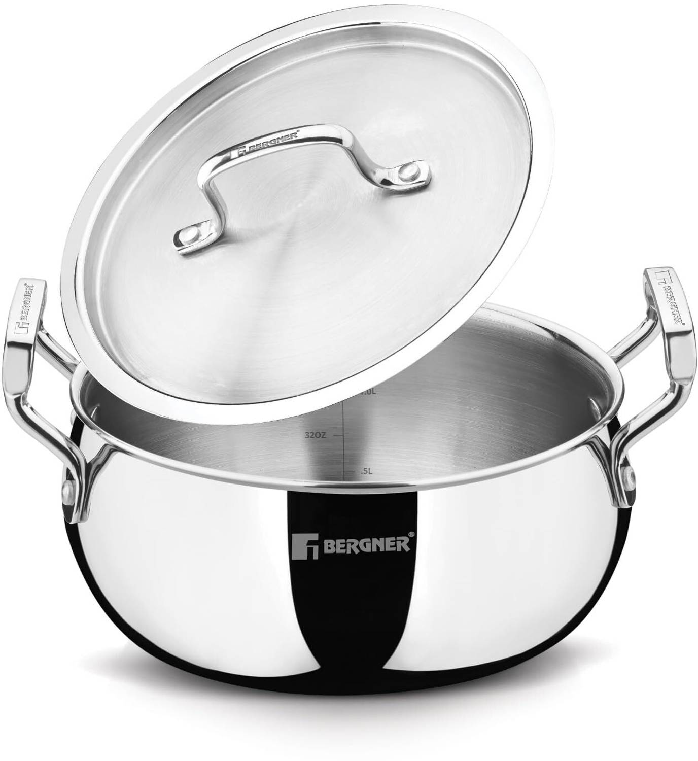 BERGNER TriPro Tri-Ply Stainless Steel 20cm/3.1L Belly Shape Biryani Handi/Casserole Handi 2.5 L with Lid