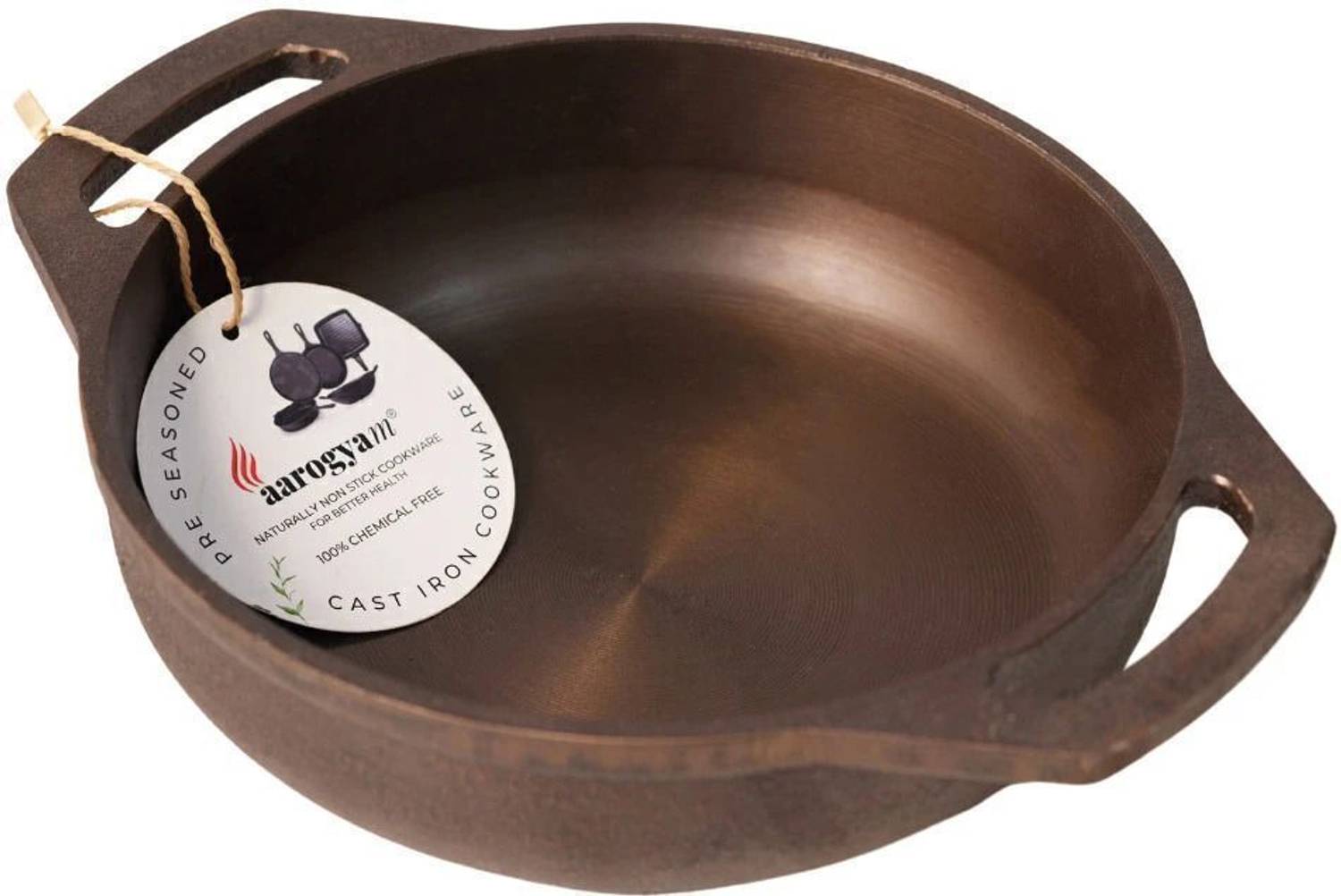 Aarogyam Cast Iron Flat Kadai - Pre Seasoned Kadhai 22.8 cm diameter 2 L capacity