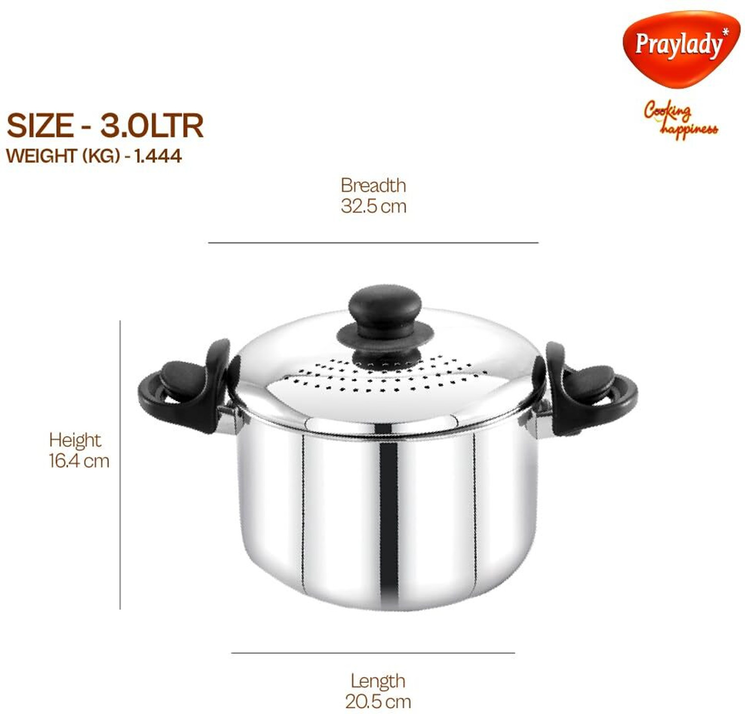 Image of Praylady Stainless Steel Strainer Pot 3L Without Glass Lid - Induction Pot Pot 20 cm diameter 3 L capacity with Lid