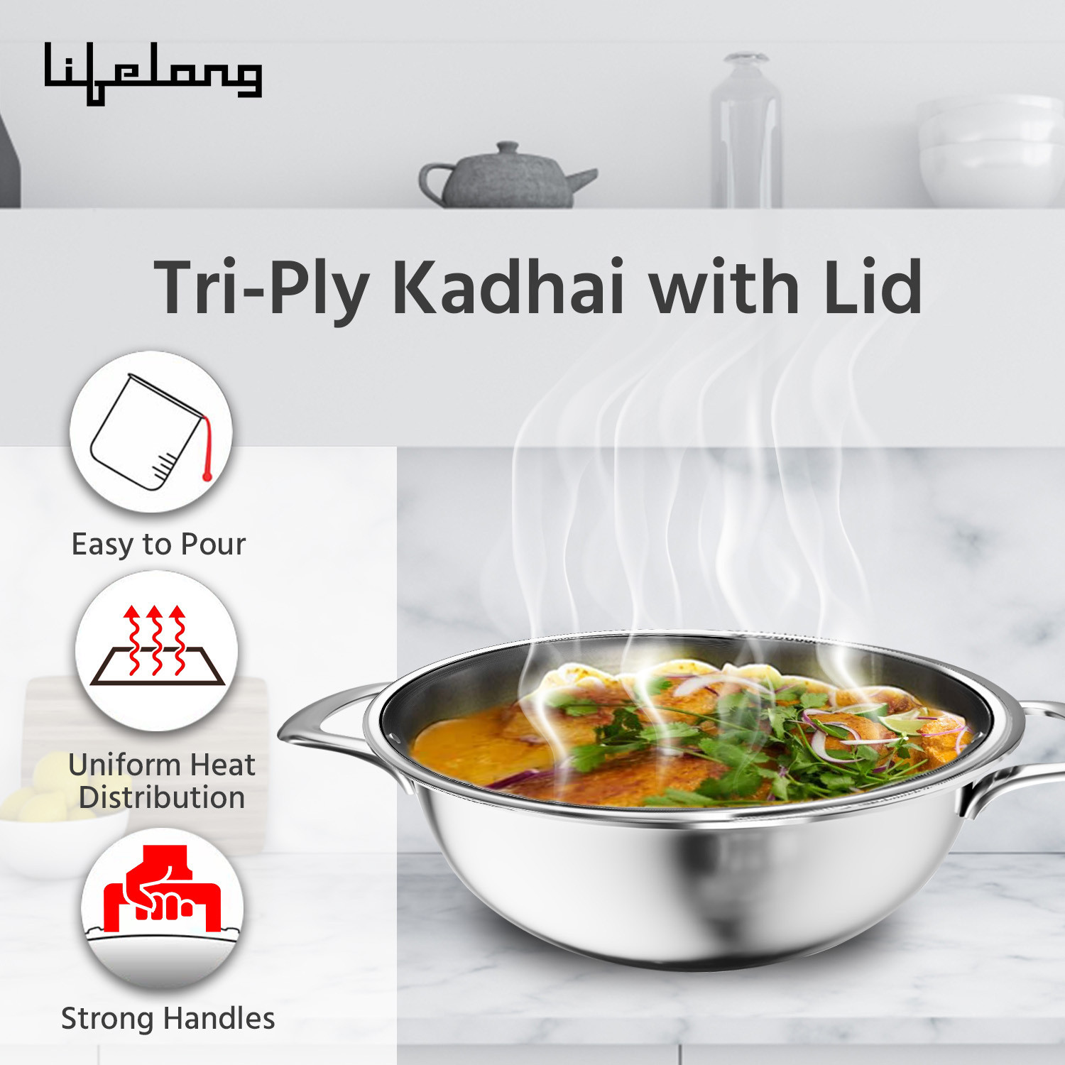 Image of Lifelong Deep Kadhai 24 cm diameter with Lid 2.8 L capacity (Triply, Induction Bottom)