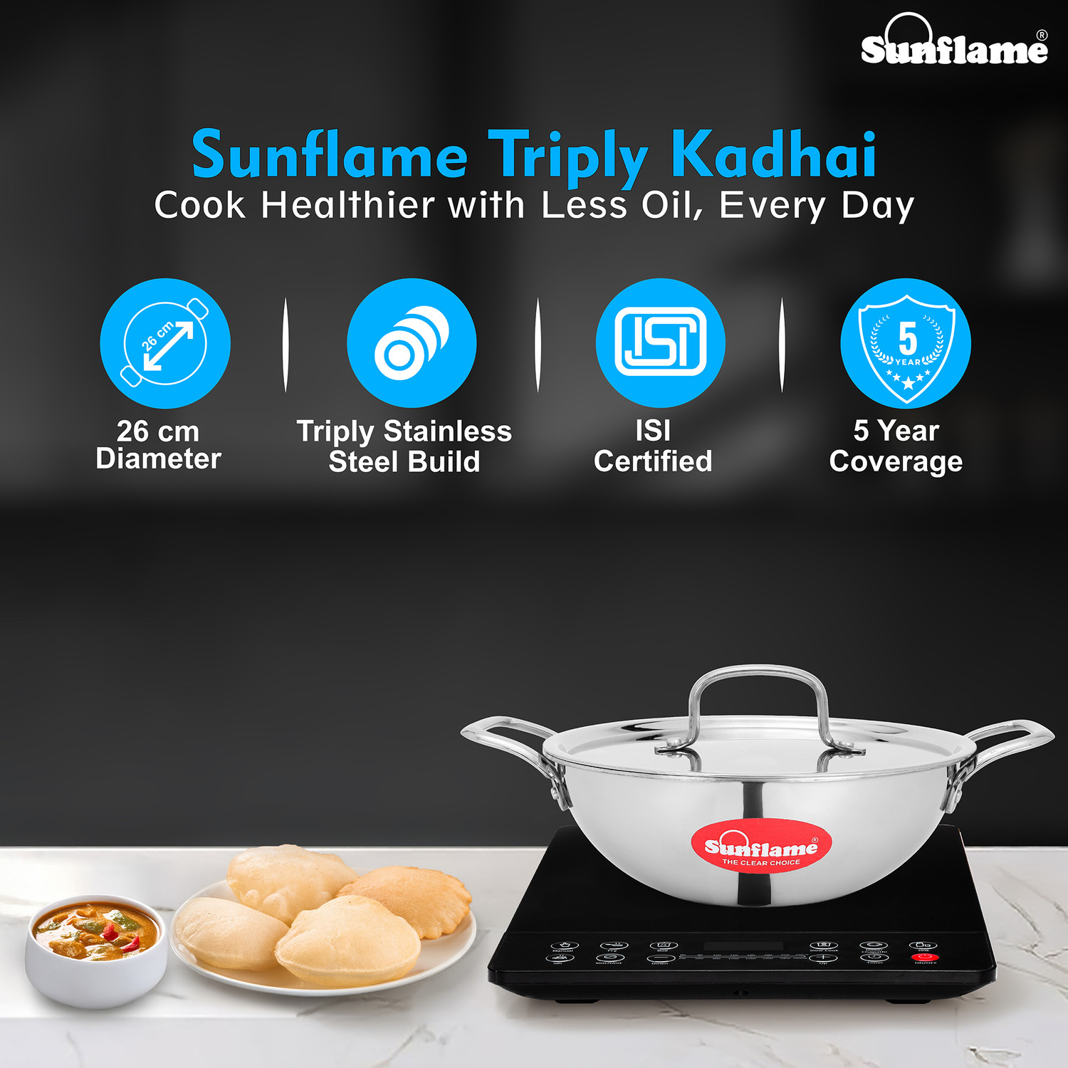 Image of Sunflame Triply Kadhai 26 cm with Lid | 5 Year Warranty, Induction Compatible | Kadhai 26 cm diameter with Lid 3.7 L capacity (Triply, Induction Bottom)