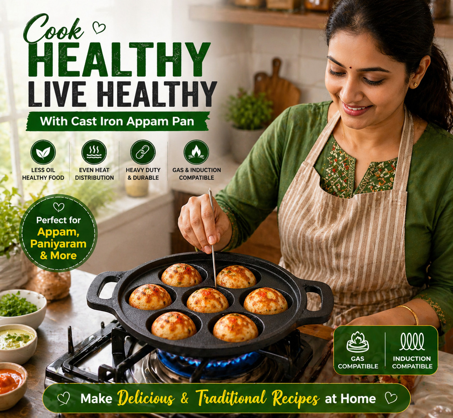 Image of M KHARAVAD Cast Iron Appam Pan 7 Cavity | Paniyaram Maker | Gas & Induction Compatible Chetty Pan 26 cm diameter 3 L capacity