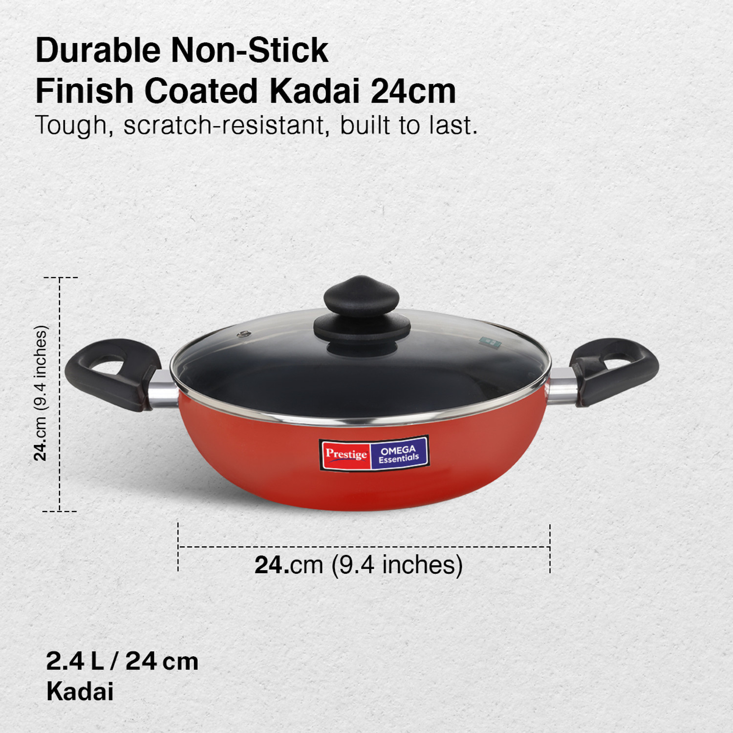 Image of Prestige Omega Essentials Metal Spoon Friendly|Strong Handles Kadhai 24 cm diameter with Lid 2.4 L capacity