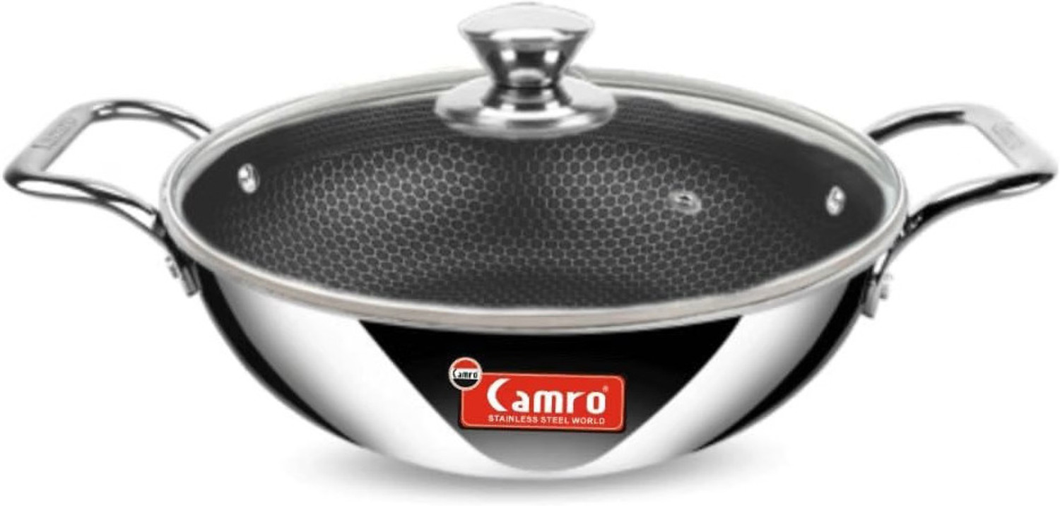 Image of Camro Honeycomb kadhai |multipurpose kadhai | cooking kadhai | deep frying kadhai Kadhai 34 cm diameter with Lid 8 L capacity (Stainless Steel, Induction Bottom)