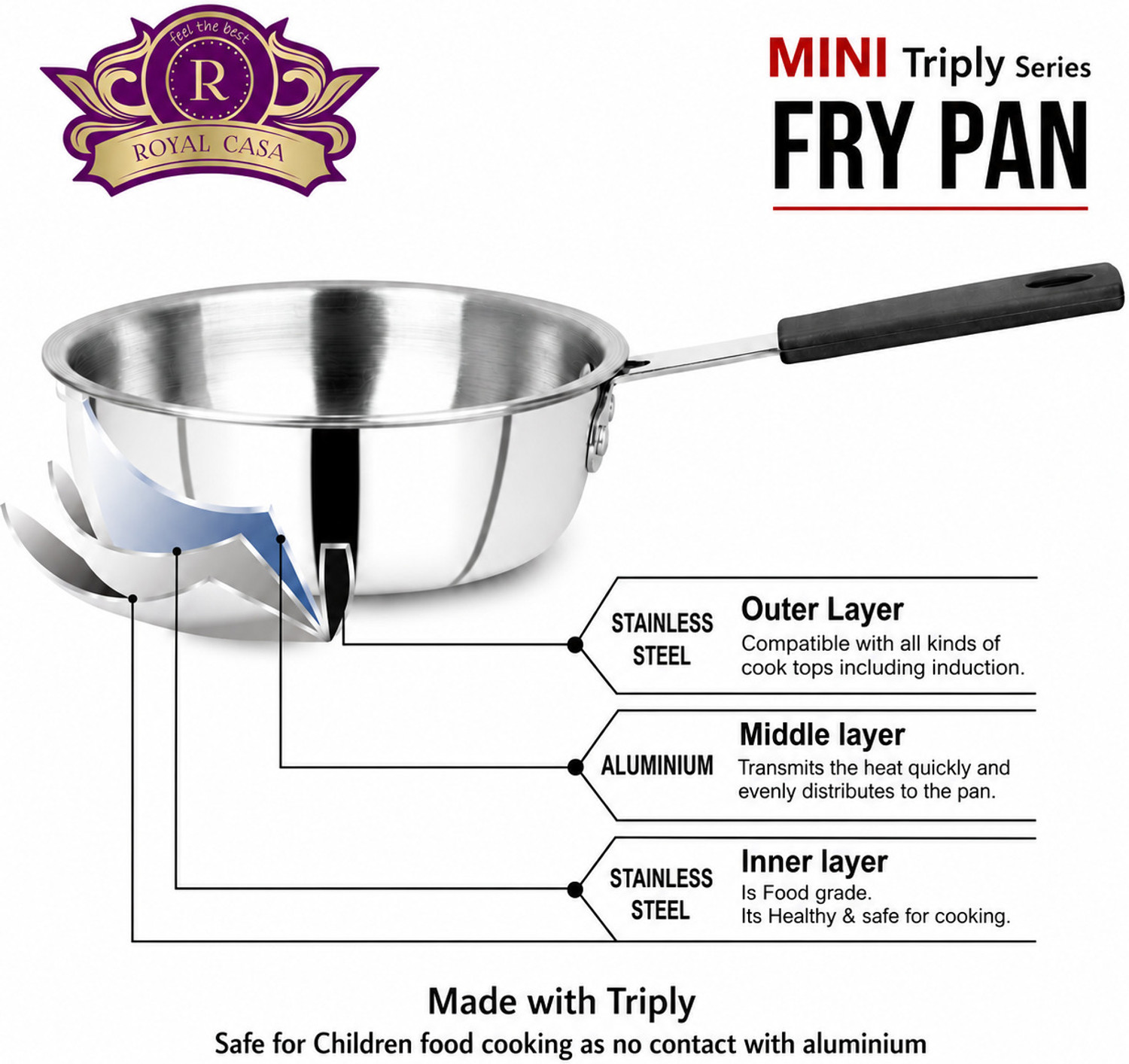 Image of ROYAL CASA The Chef's Choice Premium Triply Mini Fry Pan Fry Pan 12 cm diameter 0.25 L capacity