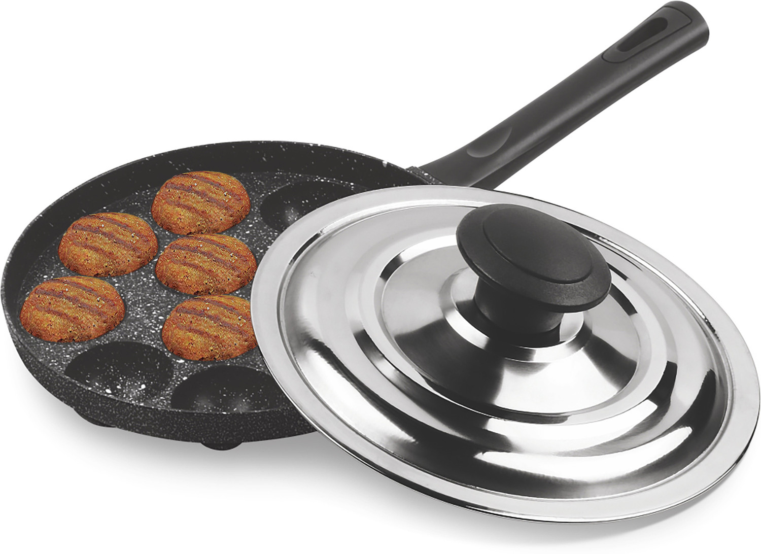 Image of MILTON Pro cook Appam Patra 12 Cavities, 14 Inch Non-Stick Paniyaram Pan with Steel Lid Pot 21.65 cm diameter 0 L capacity with Lid