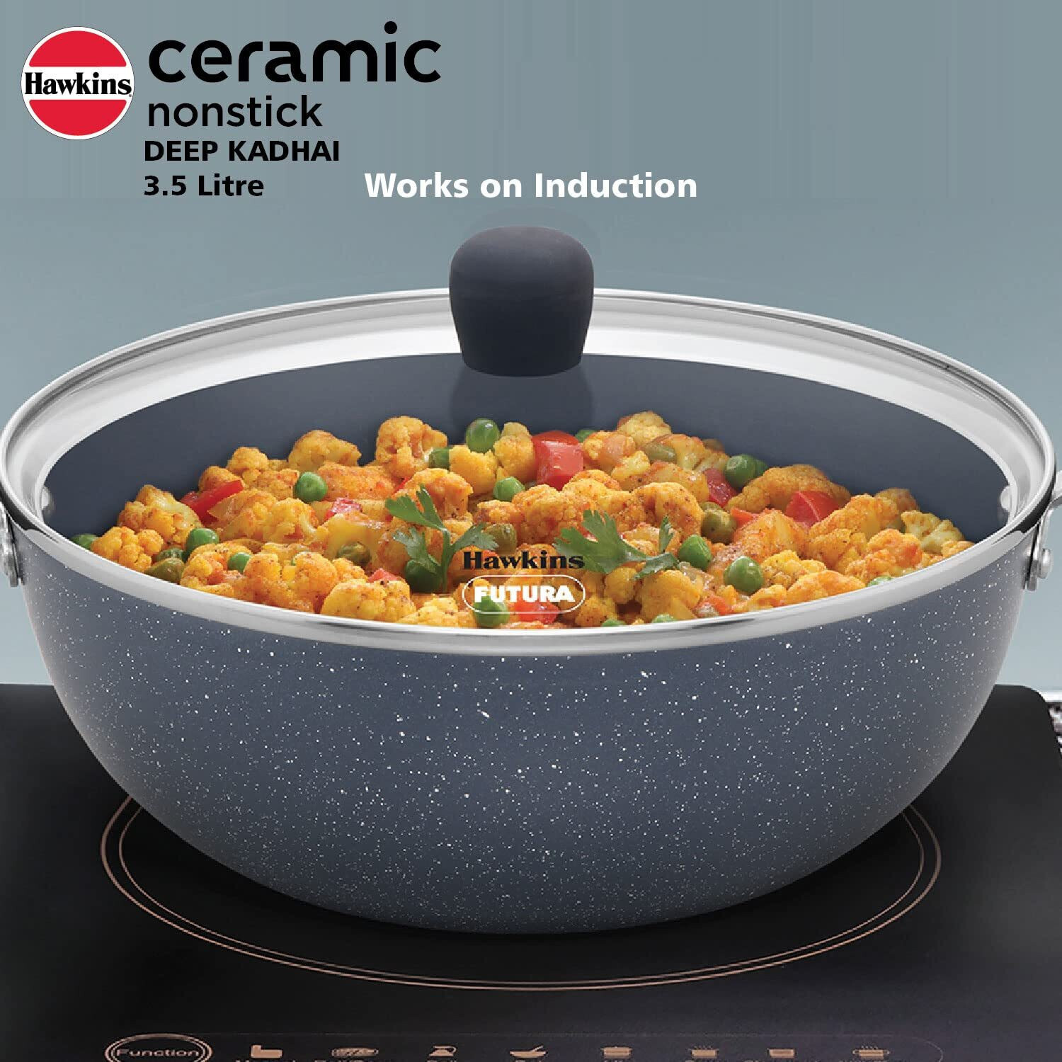 Image of Hawkins Ceramic Coted Kadhai with Glass Lid 3.5L,Cooker 5L,SPATULA 3pc SET BSPTL3, Kadhai 40 cm, 28 cm, 32 cm diameter with Lid 3.5 L, 5 L capacity
