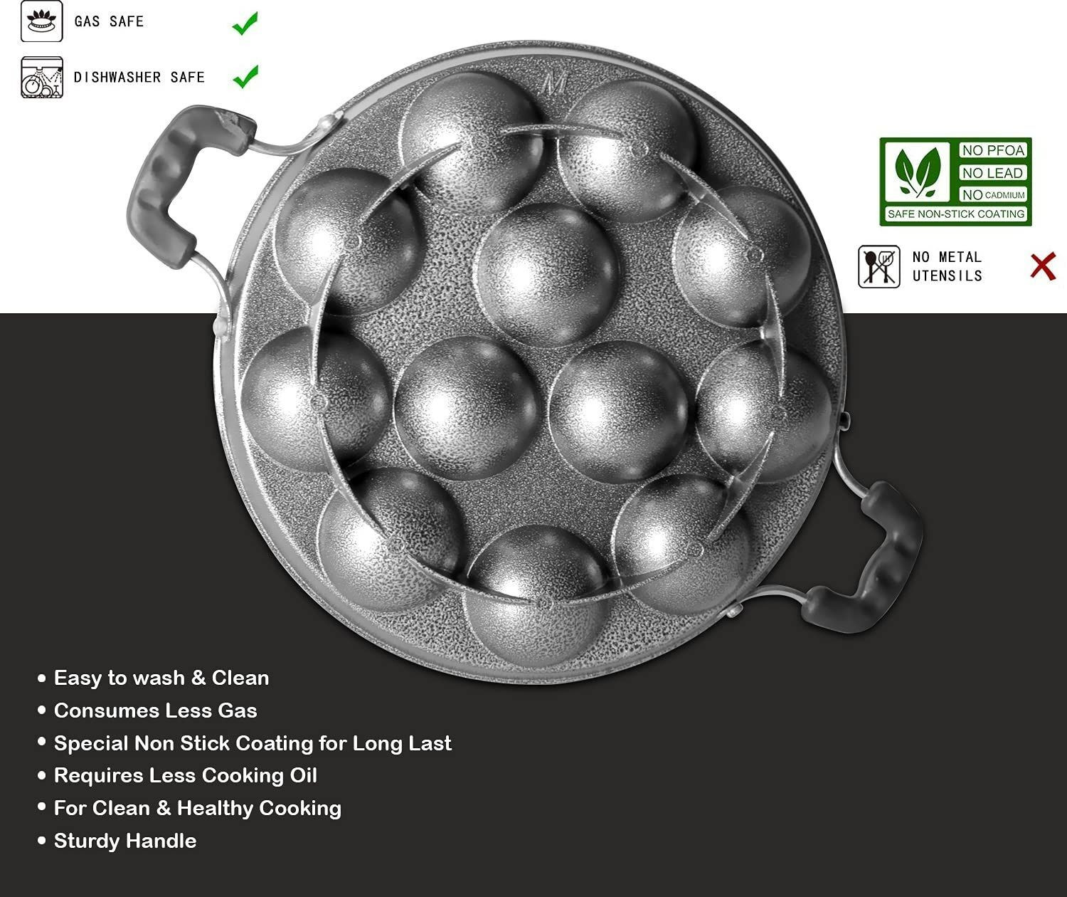 Image of DTM super appam patra with lid and handle / kulipaniyaram pan nonstick / appe / aapee Paniarakkal Pan 23 cm diameter with Lid 1 L capacity
