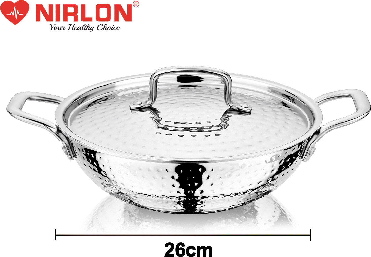 Image of NIRLON Hammered Triply Stainless Steel Deep Kadai /Wok /Kadhai with Stainless Steel Lid Kadhai 26 cm diameter with Lid 3.5 L capacity