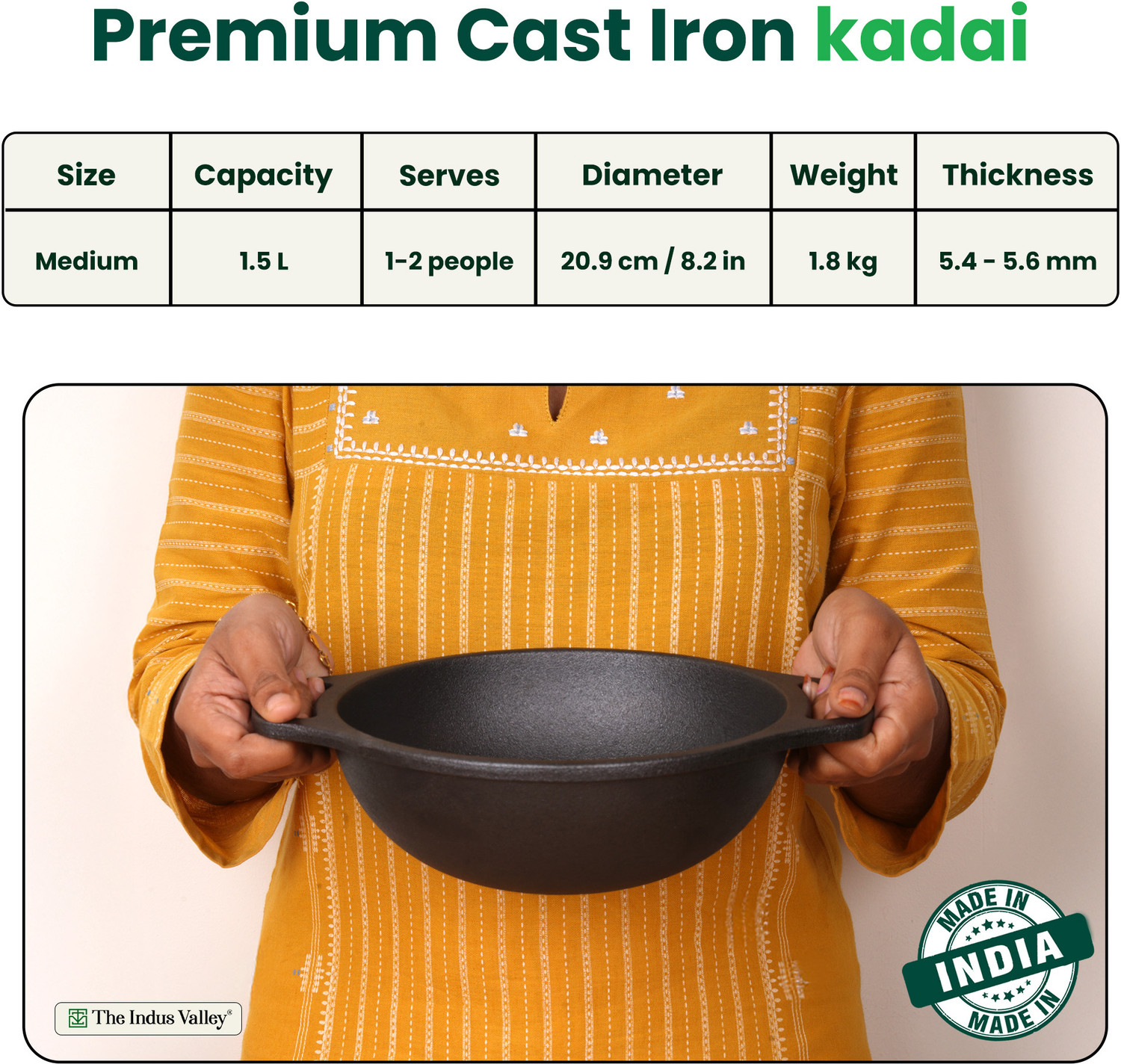 Image of The Indus Valley Pre-Seasoned Cast Iron Kadai - 8.2 inch Kadhai 20.9 cm diameter 1.5 L capacity