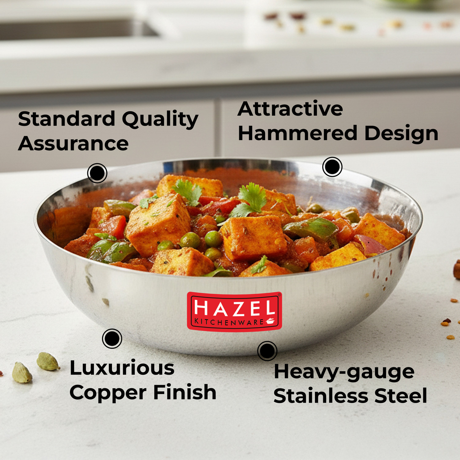 Image of HAZEL Stainless Steel Hammered Tone Kadai Tasra, Diameter 24.5 Kadhai 24.5 cm diameter 2.25 L capacity