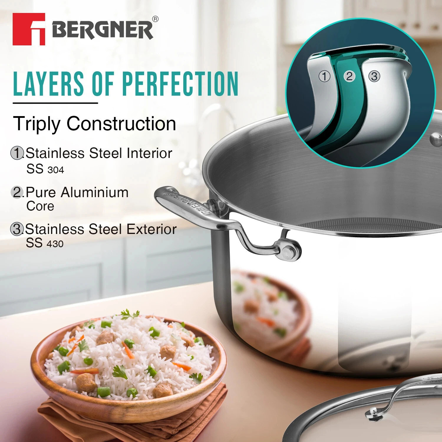 Image of BERGNER Hi-Tech Giro X Ceramic Casserole, Pan Protector Included | Pot 28 cm diameter 8.2 L capacity with Lid