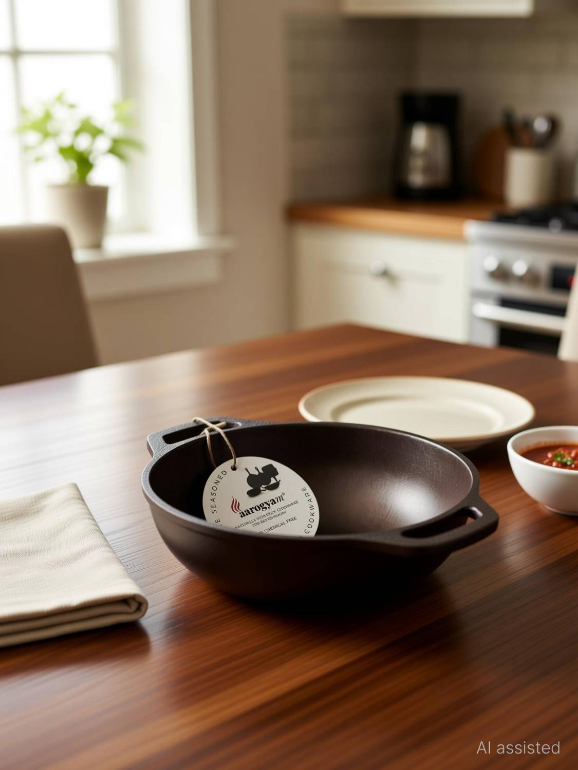 Aarogyam Cast Iron Round Kadai 8 Inches Diameter - Pre Seasoned Kadhai 20.5 cm diameter 1.75 L capacity