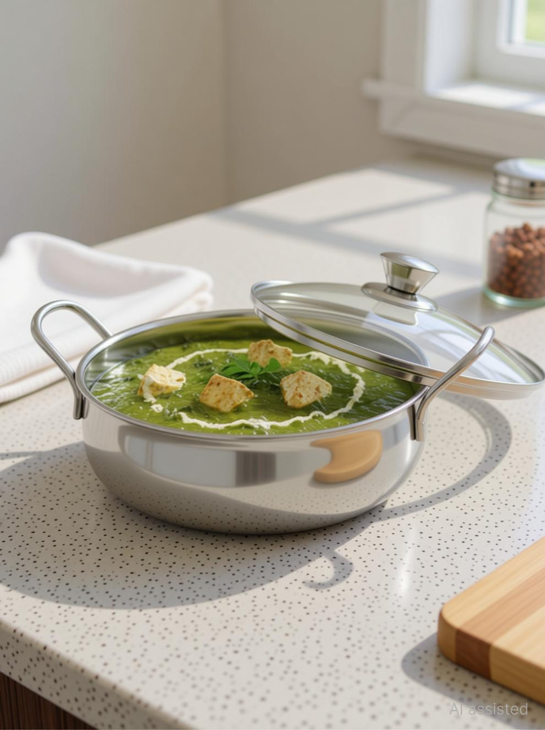 Image of VINOD Stainless Steel Elite Serving Bowl with Glass Lid Handle Handi 1.1 L with Lid