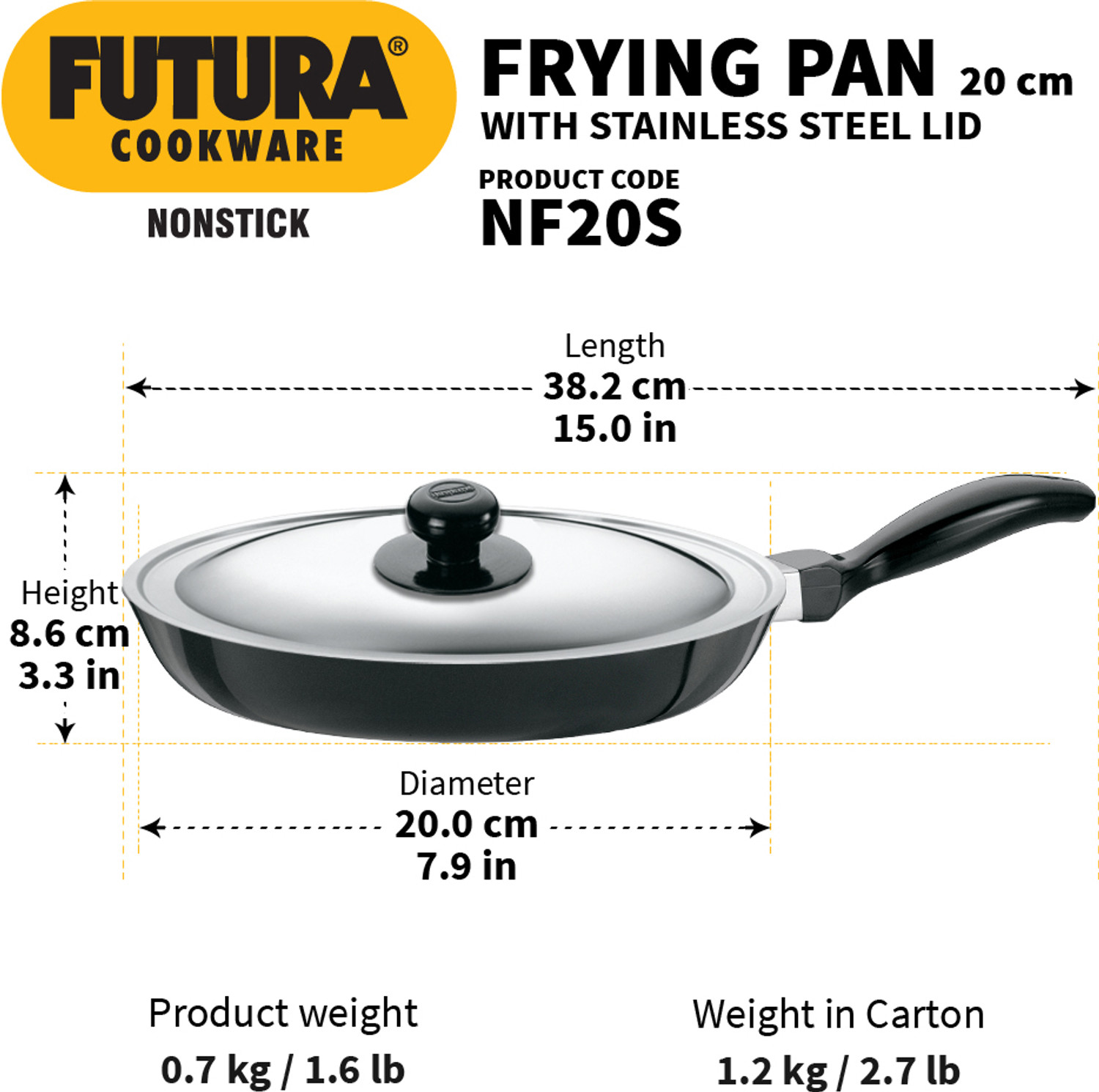 Image of Hawkins Futura 20cm Frying Pan with Lid, Black (NF20S) Fry Pan 20 cm diameter with Lid 1 L capacity (Aluminium, Non-stick)