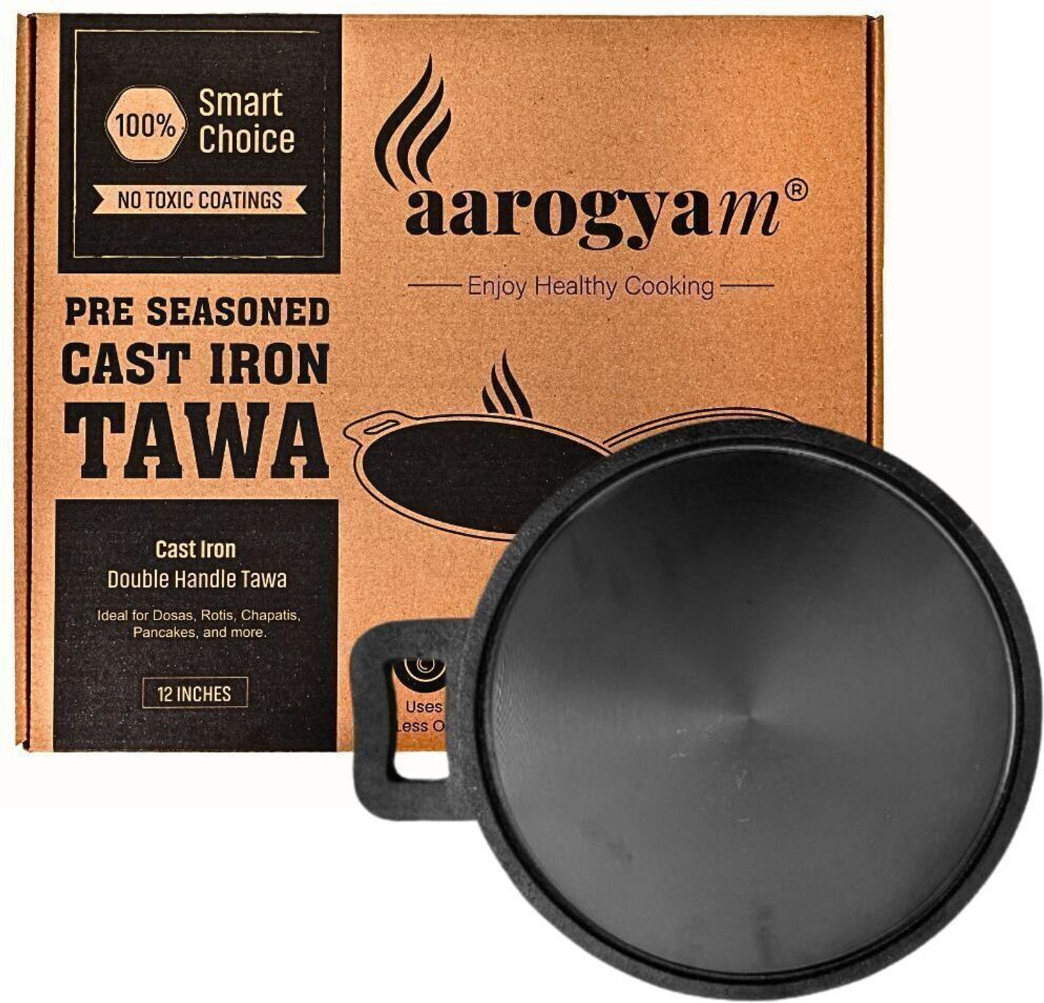 Image of Aarogyam Cast Iron Dosa / Roti Tawa Single Handle 12 Inches. Ferrolite Series. Tawa 30 cm diameter