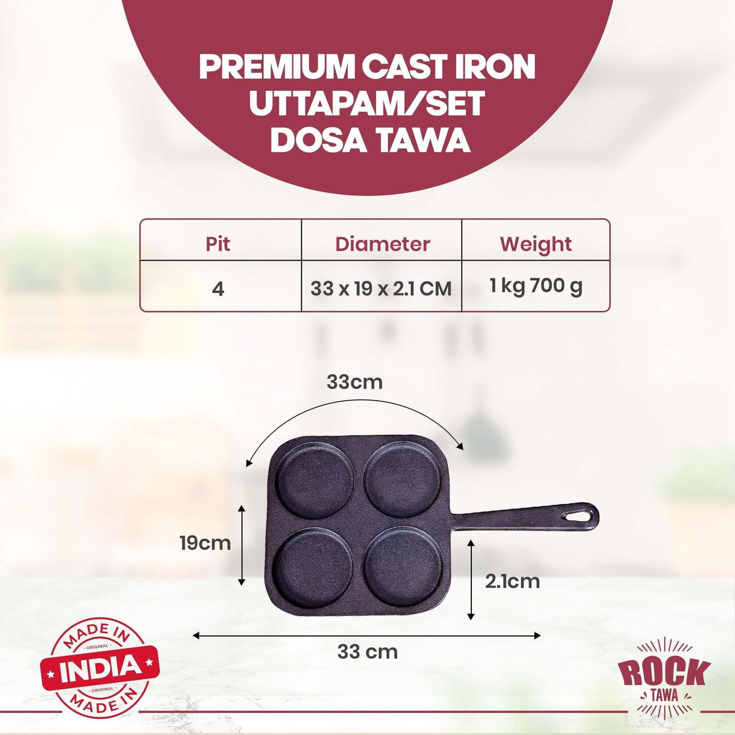 Image of Rock Tawa Cast Iron 4Cv Mini Uthappam, Omelets Pancake Pan 7.5Inch Pre-Seasoned Pancake Pan 8 cm diameter 0.2 L capacity