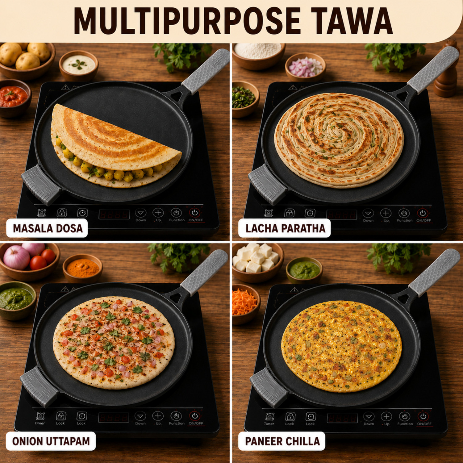 Image of Aditi Techno LLP Cast Iron Dosa Tawa, 11 Inch with Long Heat-Resistant Silicone Grip Handle Tawa 28 cm diameter