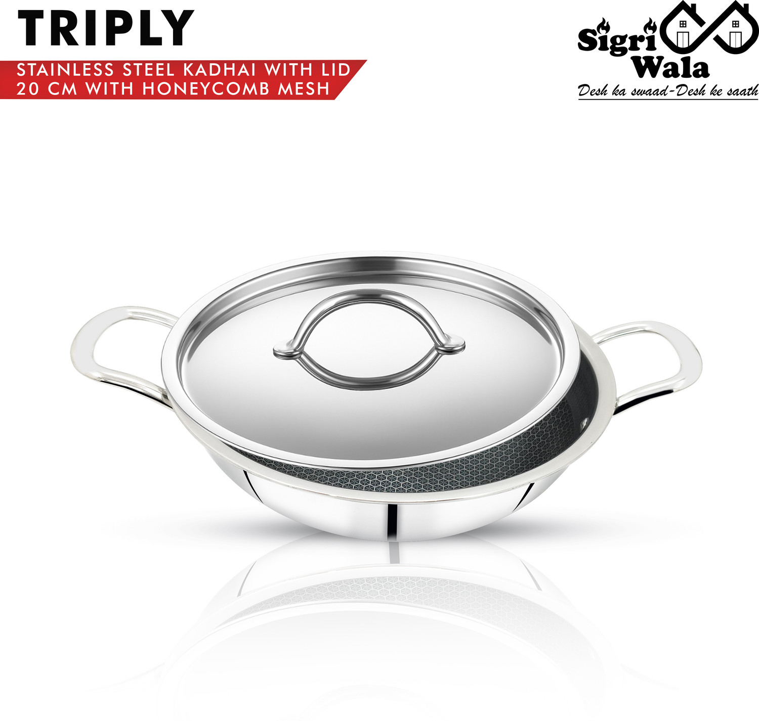 Image of Sigri-wala Cook Healthy Honeycomb Mesh Kadhai 20 cm diameter with Lid 1.8 L capacity