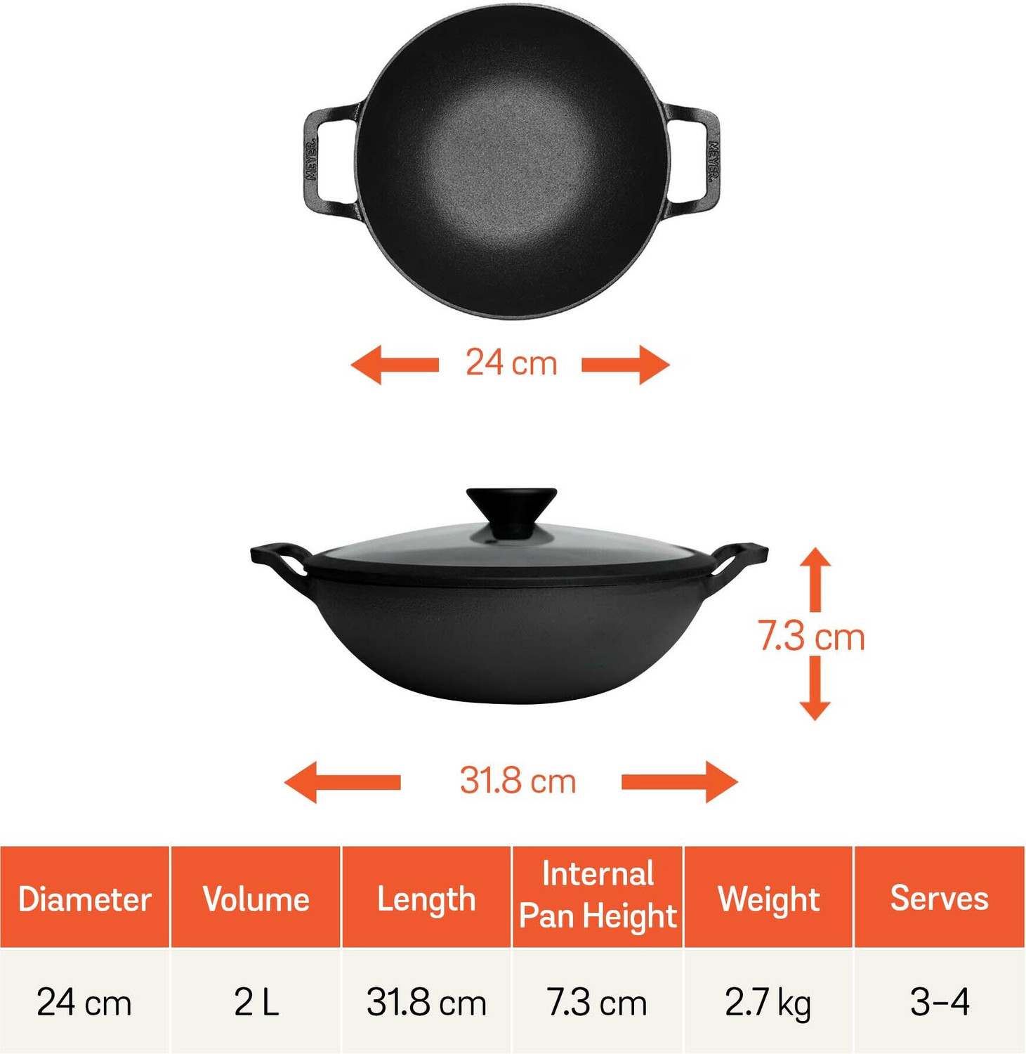 Image of Meyer Pre Seasoned Cast Iron Kadai|Iron Kadhai with Lid for Cooking and Stir Frying Kadhai 24 cm diameter with Lid 2.3 L capacity