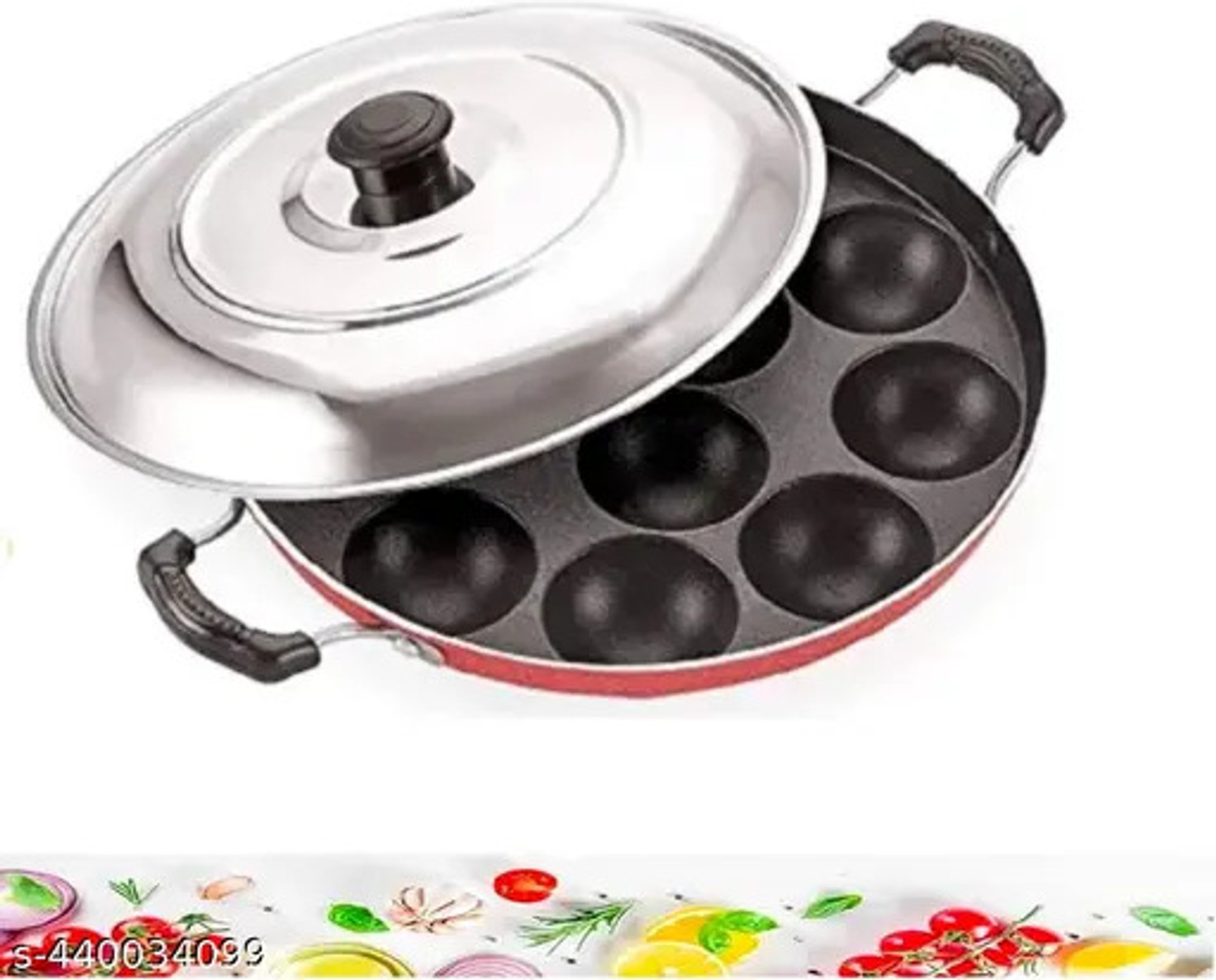 Image of sun surya Non Stick 12 Cavities Appam Patra /Paniyarrakal /Paniyaram, Medium flame only Paniarakkal Pan 23 cm diameter with Lid 0.6 L capacity